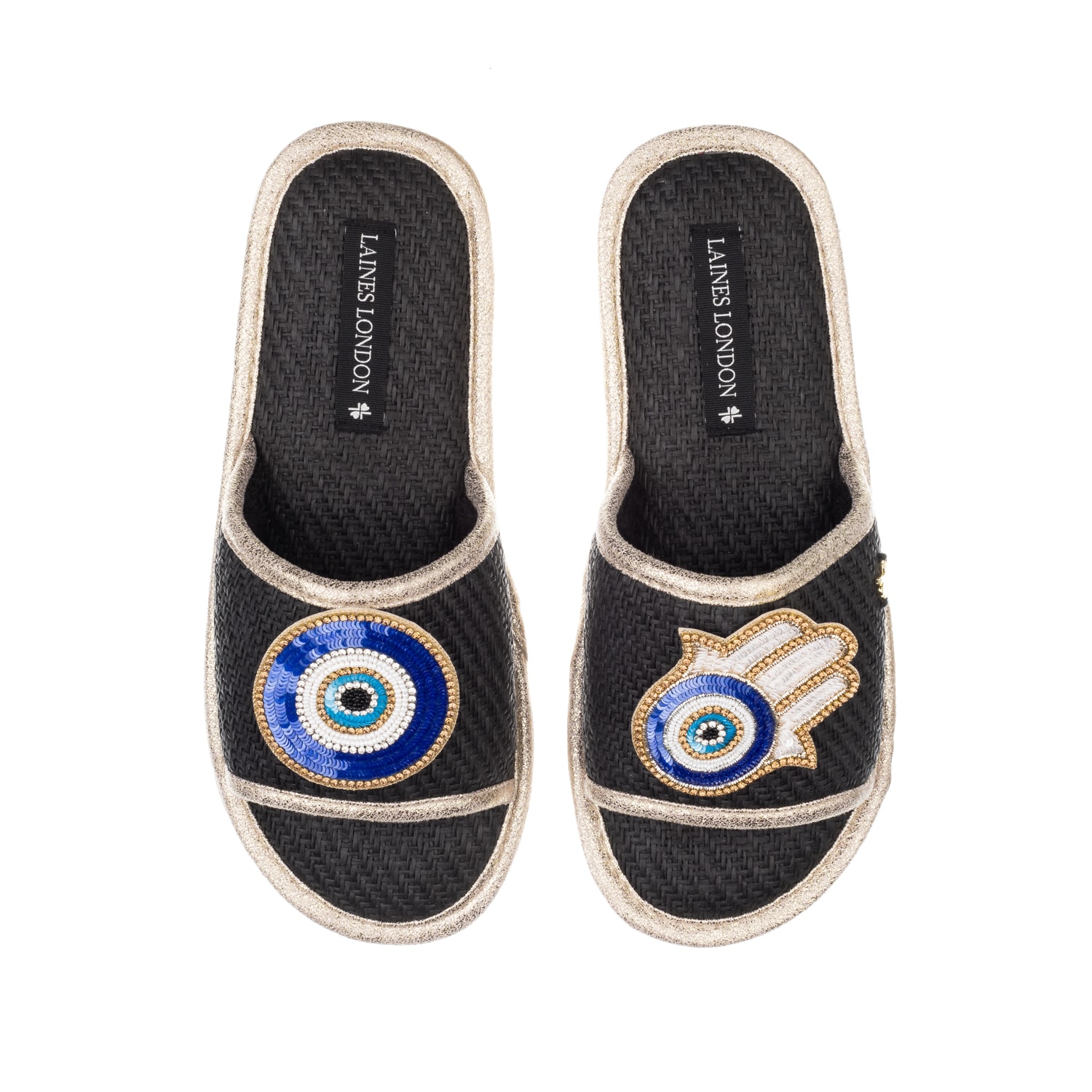 Laines London Women's Straw Braided Sandals With Handmade Evil Eye & Hamsa Hand Brooches - Black In Gray