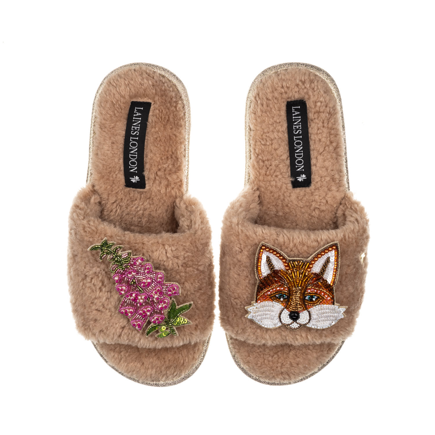 Laines London Women's Brown Teddy Toweling Slipper Sliders With Pink Foxglove Flowers & Fox Brooches - Toffee In Brown