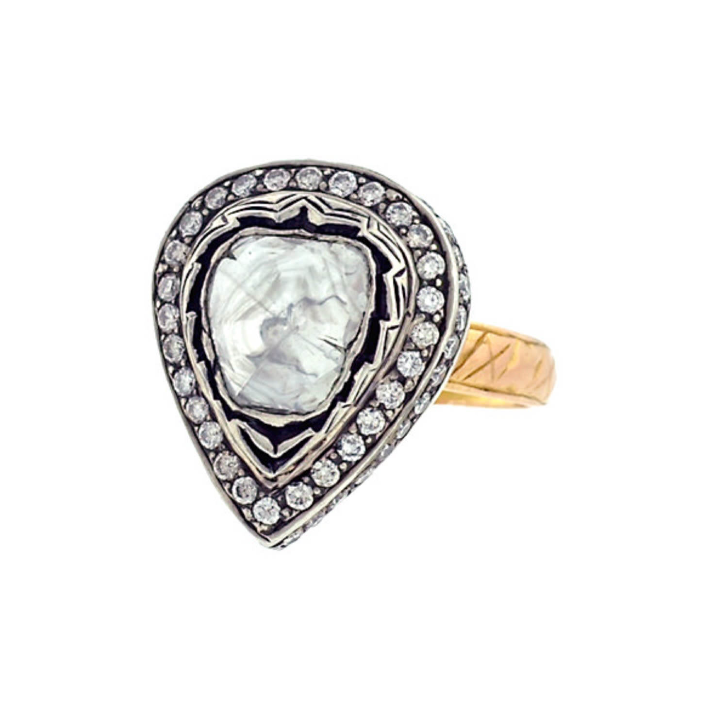 Women’s Silver / Gold / White Uncut Diamond 14K Solid Gold 925 Sterling Silver Pear Ring Jewelry Artisan