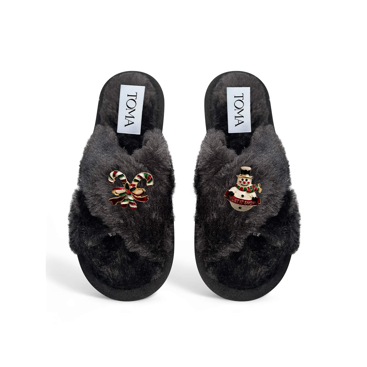 Toma Women's Classic  Faux Fur Open Toe Snowman Black Slippers In Black