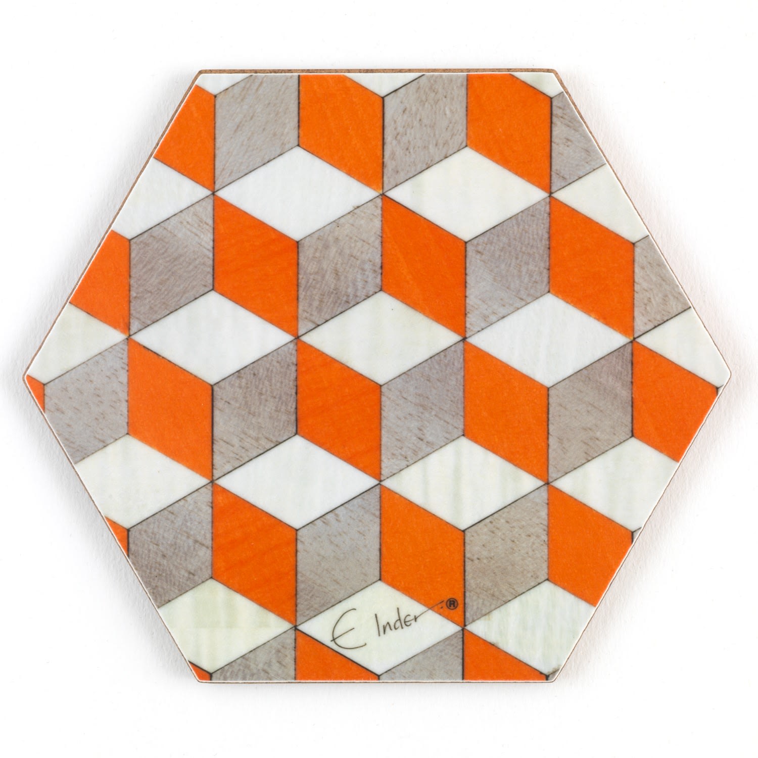 Four Coasters In Vibrant Orange White And Light Grey. Heat Proof Melamine. Tied With Ribbon For Gifting. E. Inder Designs