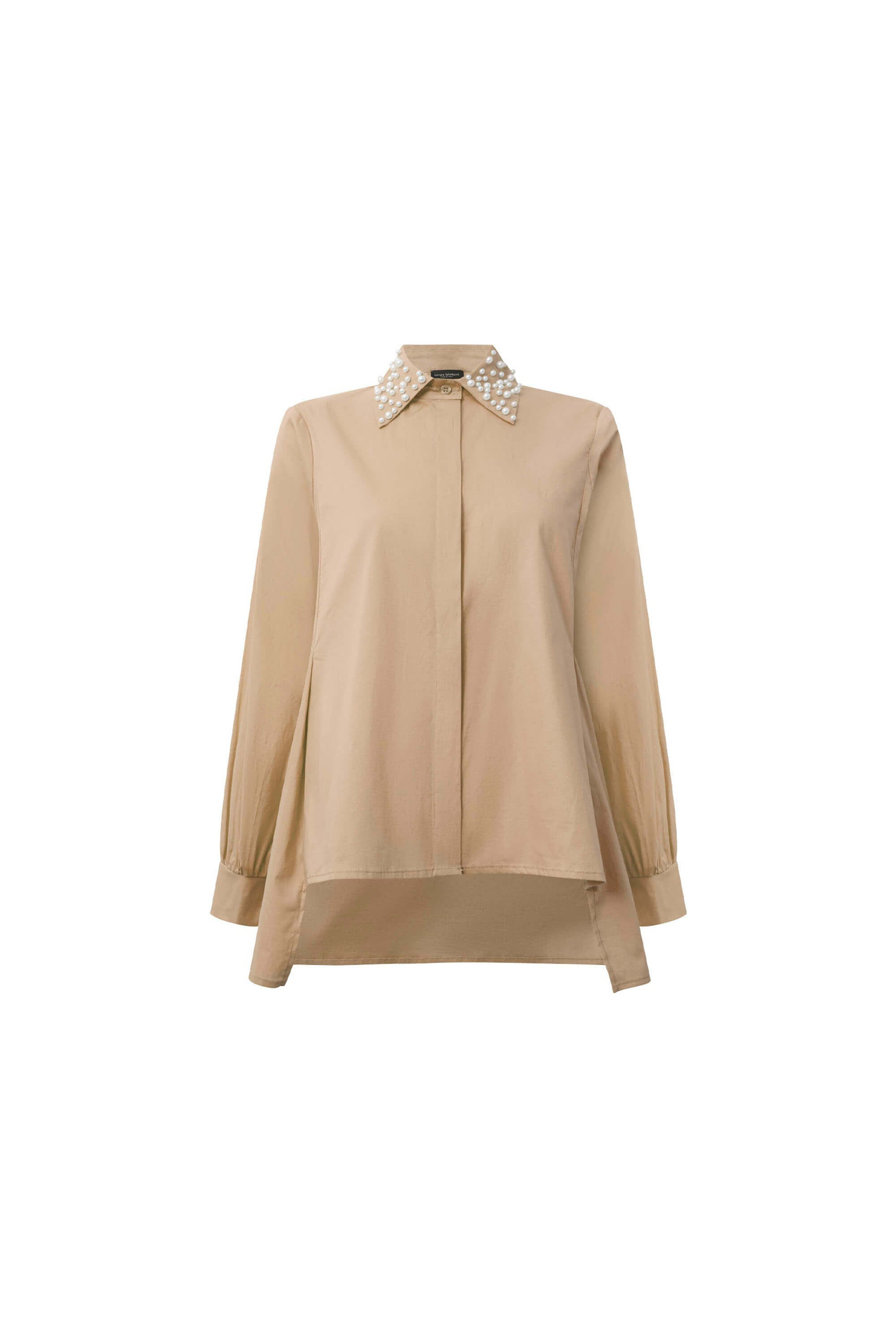 James Lakeland Women's Brown Pearl Collar Beige Cotton Shirt