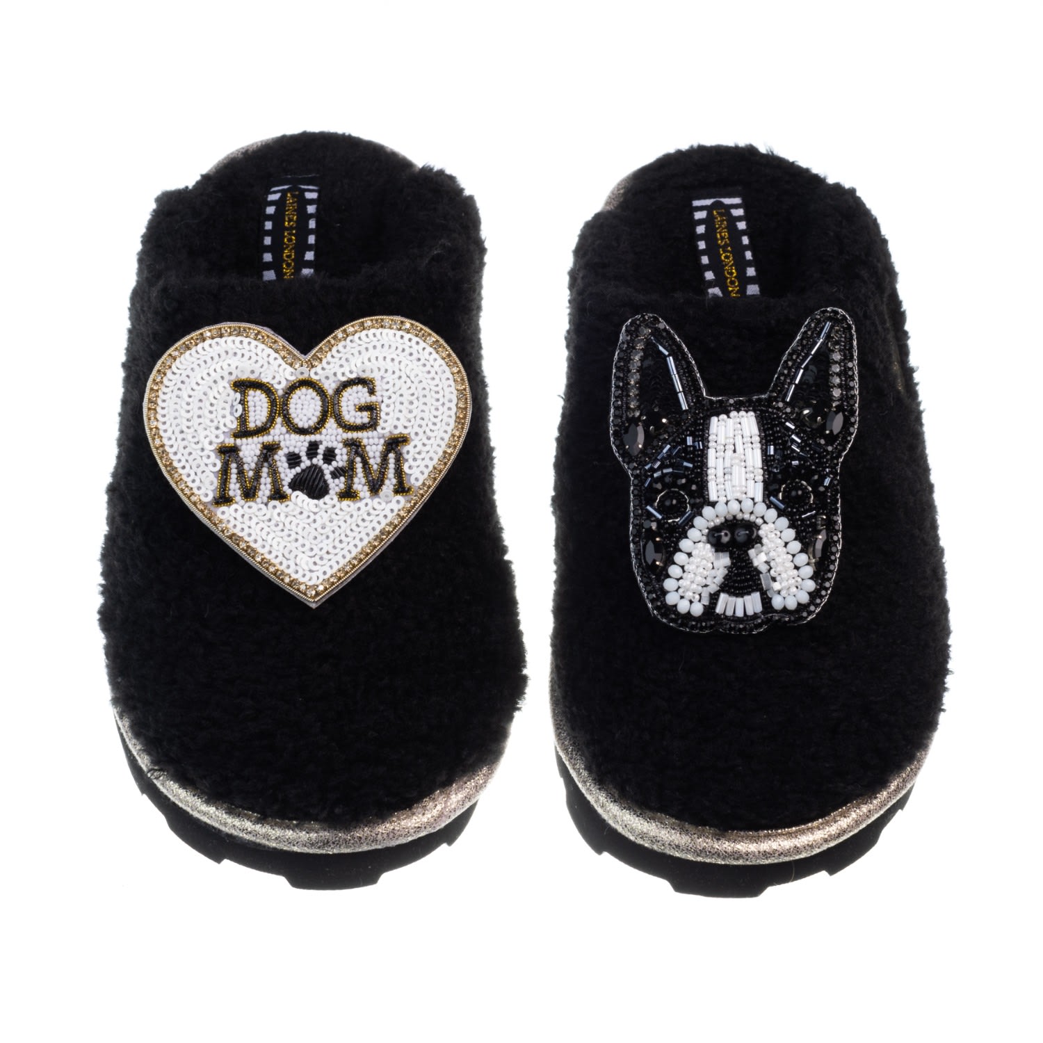 Laines London Women's Teddy Closed Toe Slippers With Buddy The Boston Terrier & Dog Mum / Mom Brooches - Black
