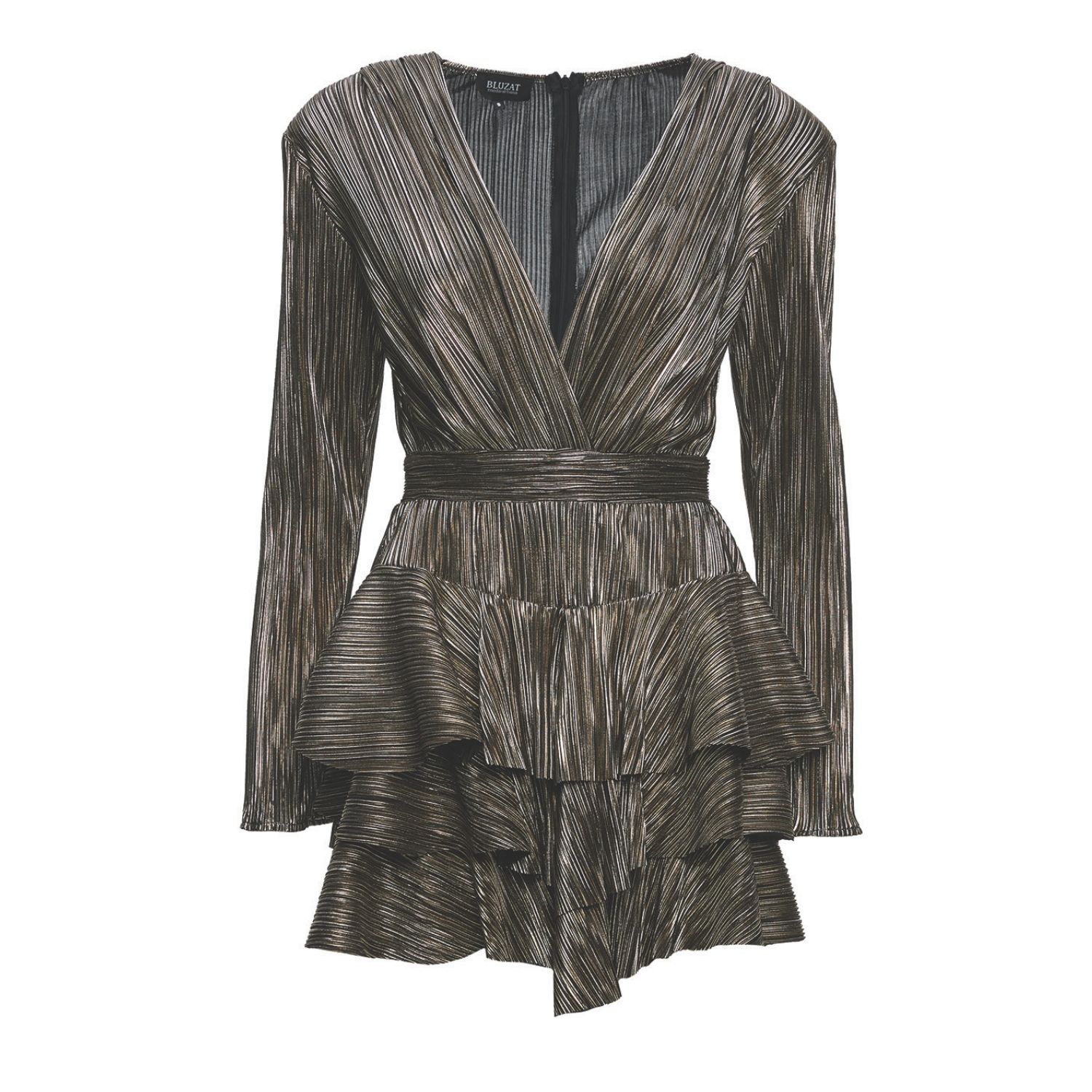 Bluzat Women's Brown Mini Dress With Ruffles And V-neck In Brown