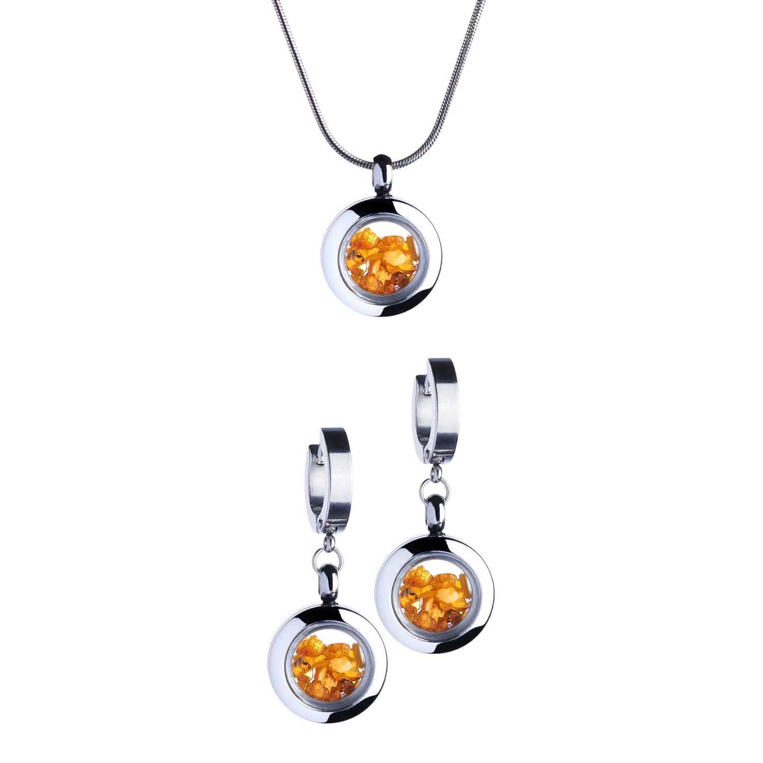 My Little Nature Women's Silver / Yellow Amber Stones Necklace And Earrings - Amber Stones Jewelry Gift Set - Love Ch In Multi