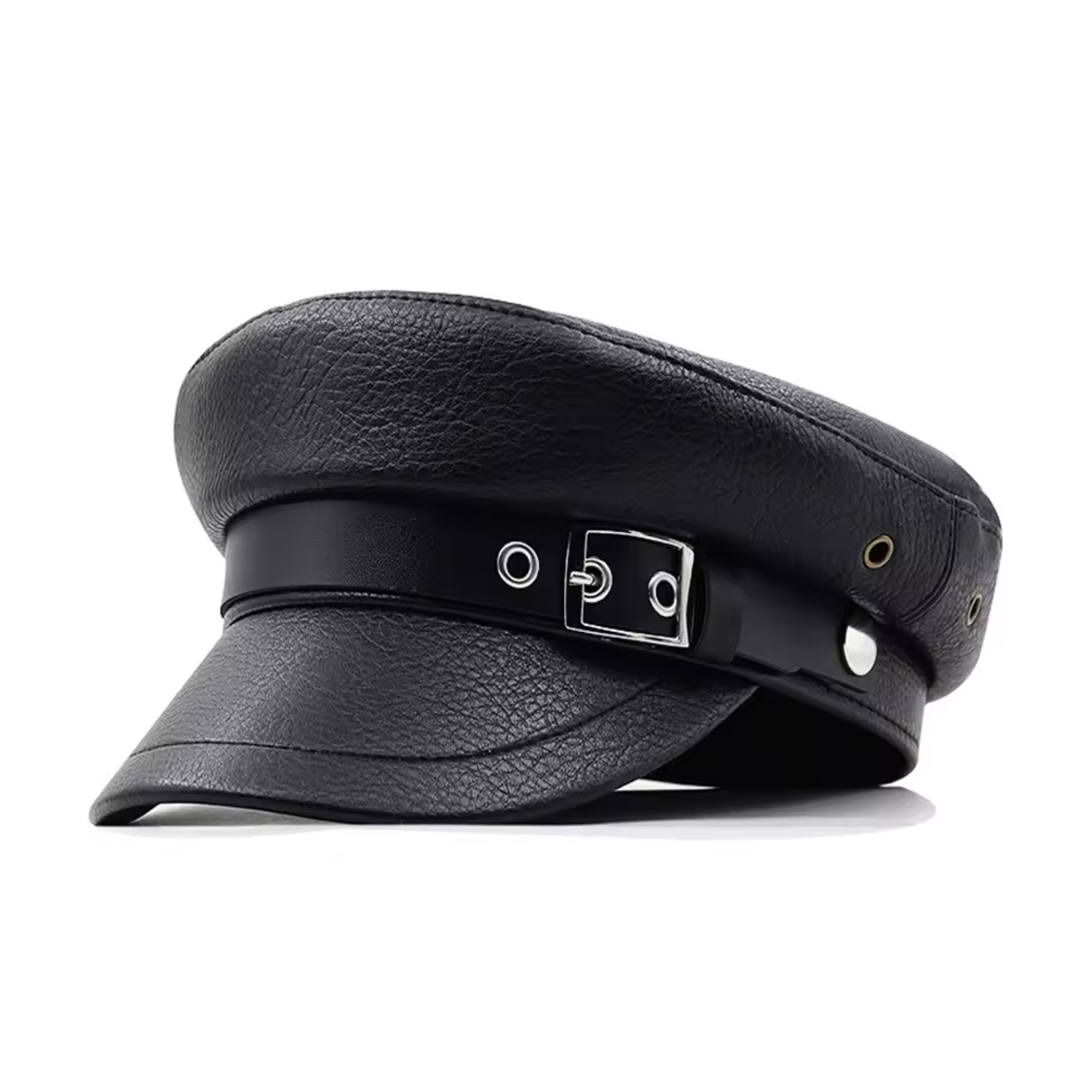 FASHION Black Leather like Baker Boy Cap with Cream Fur Trim Black Leather Baker Boy Cap • Ruslan Baginskiy Hats  main image 4