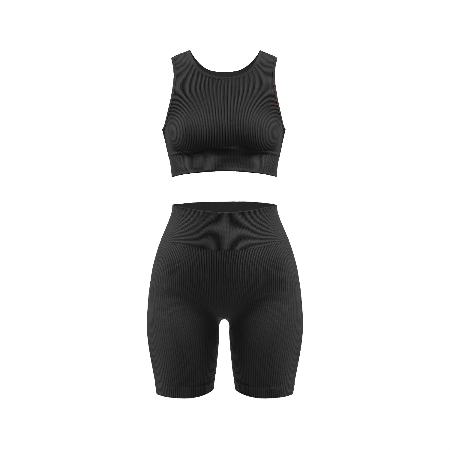 Black Ribbed Biker Shorts & Ribbed High Neck Bra Set - Dust Medium Nuttch