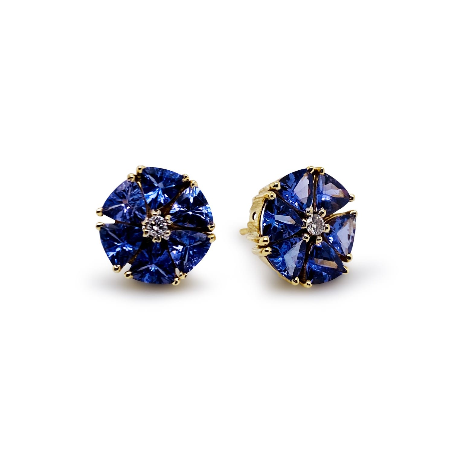 Women’s Blue Tanzanite Tri. & Diamond Stud Earring In 18K Yellw Gold Tresor Collection