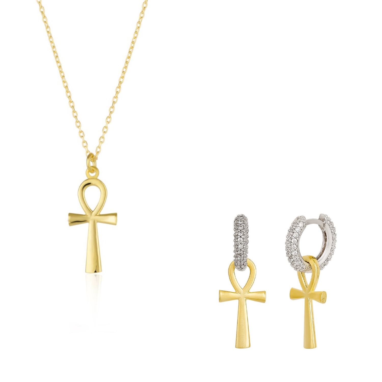 Spero London Women's Sterling Silver Egyptian Ankh Necklace & Earring Set - Gold