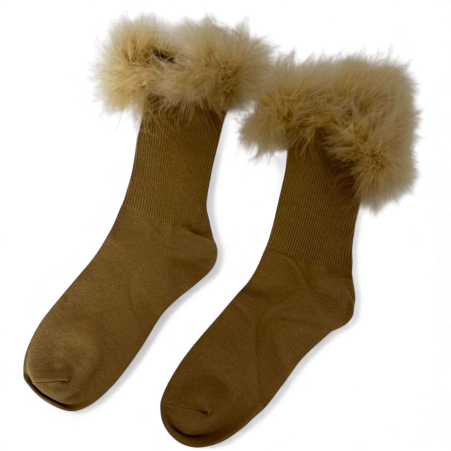 High Heel Jungle By Kathryn Eisman Women's Neutrals Frou-frou Faux Fur Trim Combed Cotton Socks Khaki In Yellow