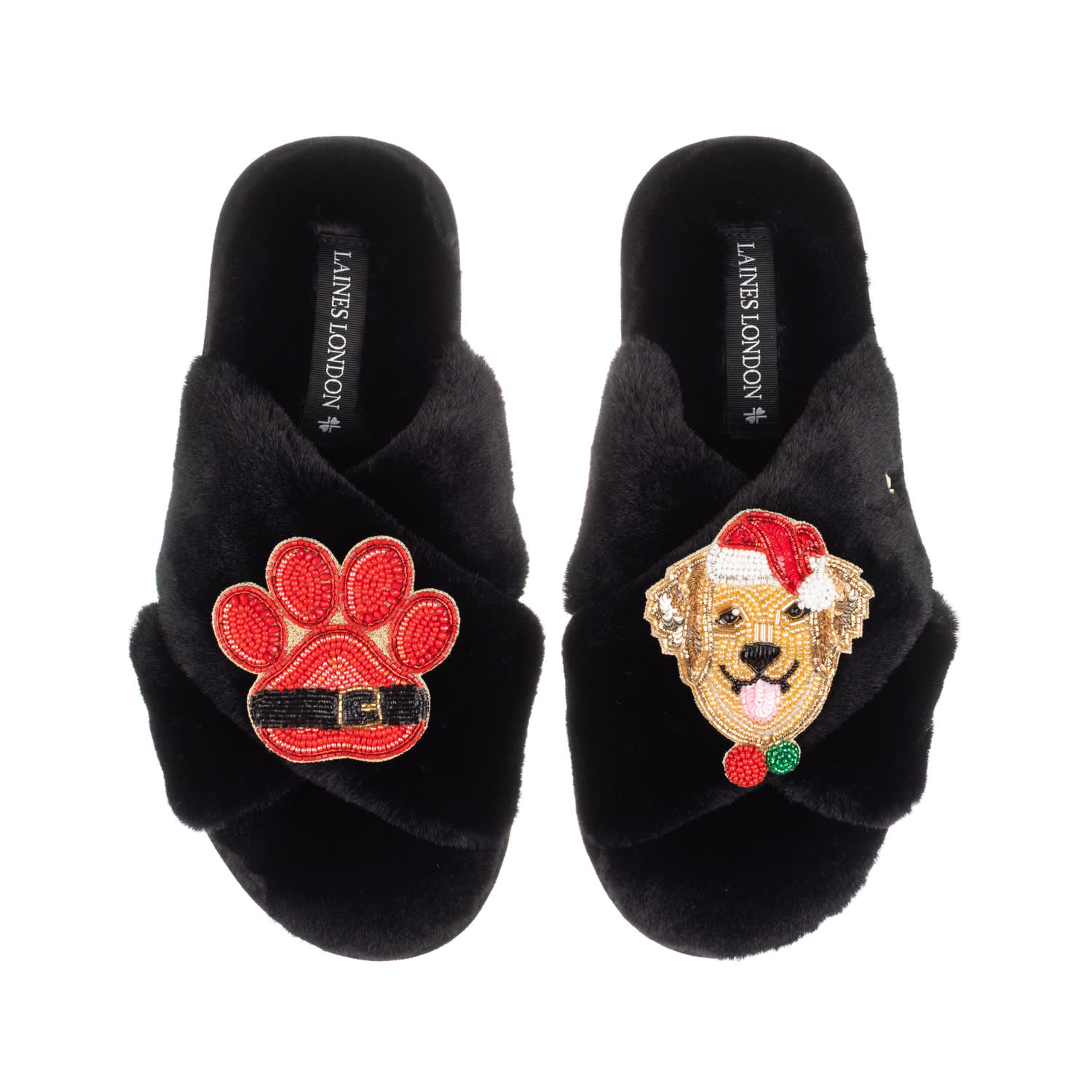 Laines London Women's Classic Slippers With Christmas Golden Retriever & Paw Brooches - Black In Black