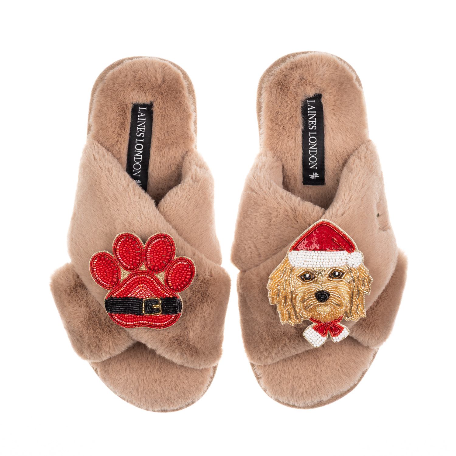 Laines London Women's Brown / Neutrals Classic Slippers With Christmas Golden Cavapoo & Paw Brooches - Toffee In Brown