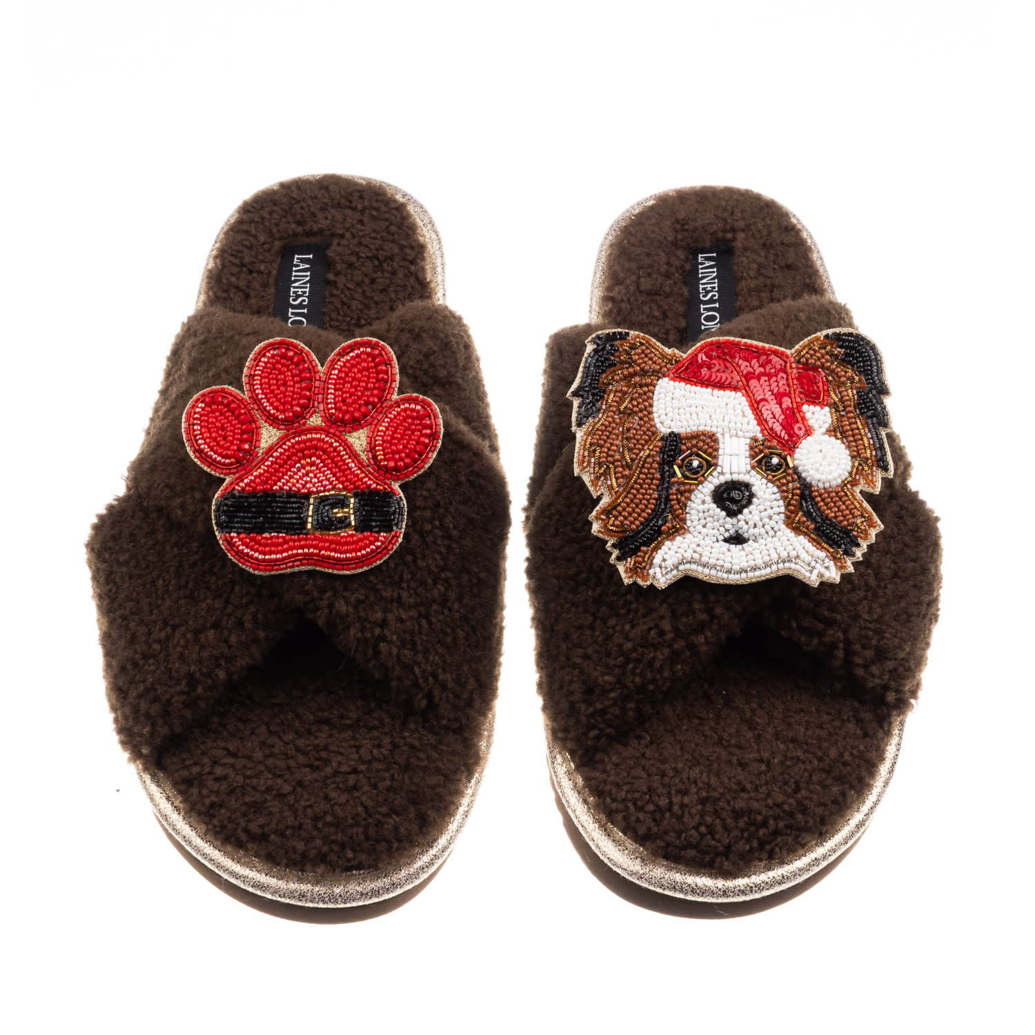 Laines London Women's Brown / Neutrals Laines Boucle Slippers With Christmas Papillon & Paw Brooches - Chocolate In Brown