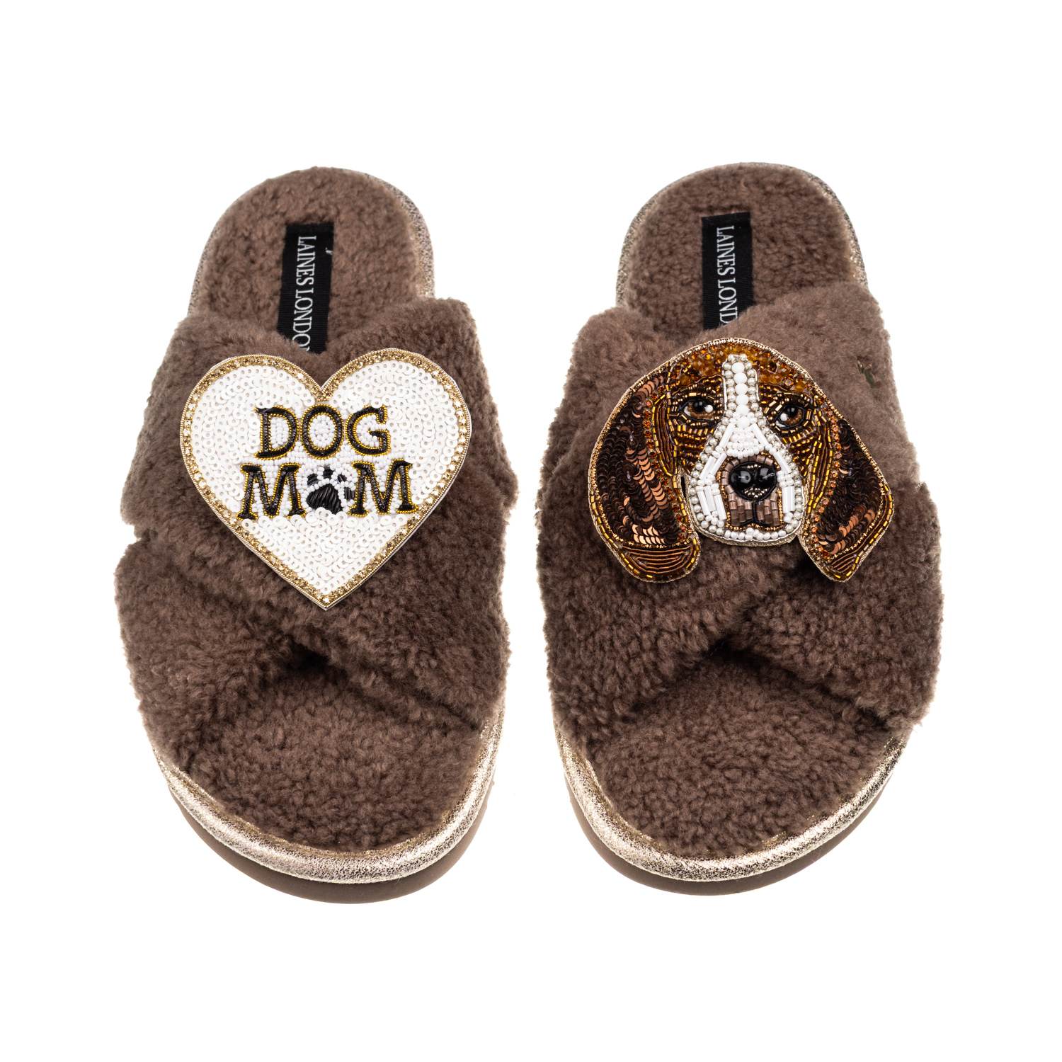 Laines London Women's Brown / Neutrals Laines Neutral Boucle Slippers With Ziggy The Beagle & Dog Mum / Mom Brooch