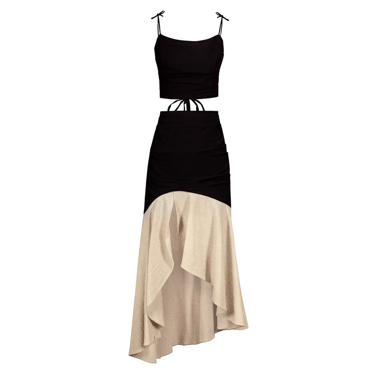Alina Cernatescu Black / Neutrals Merzouga Black & Beige Holiday Cocktail Corset Top & Midi Skirt Set
