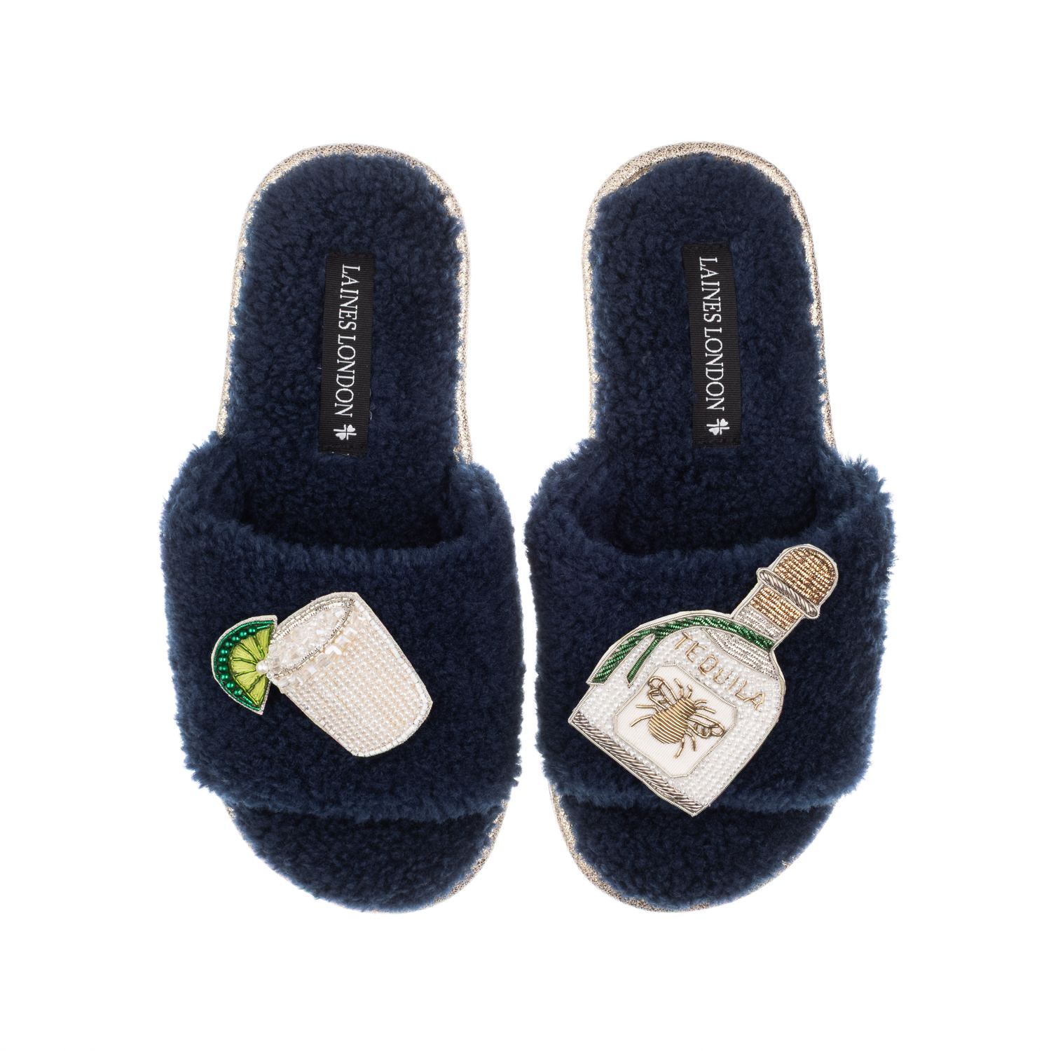 Laines London Women's Blue Teddy Towelling Slipper Sliders With Agave Tequila Brooches - Navy In Blue