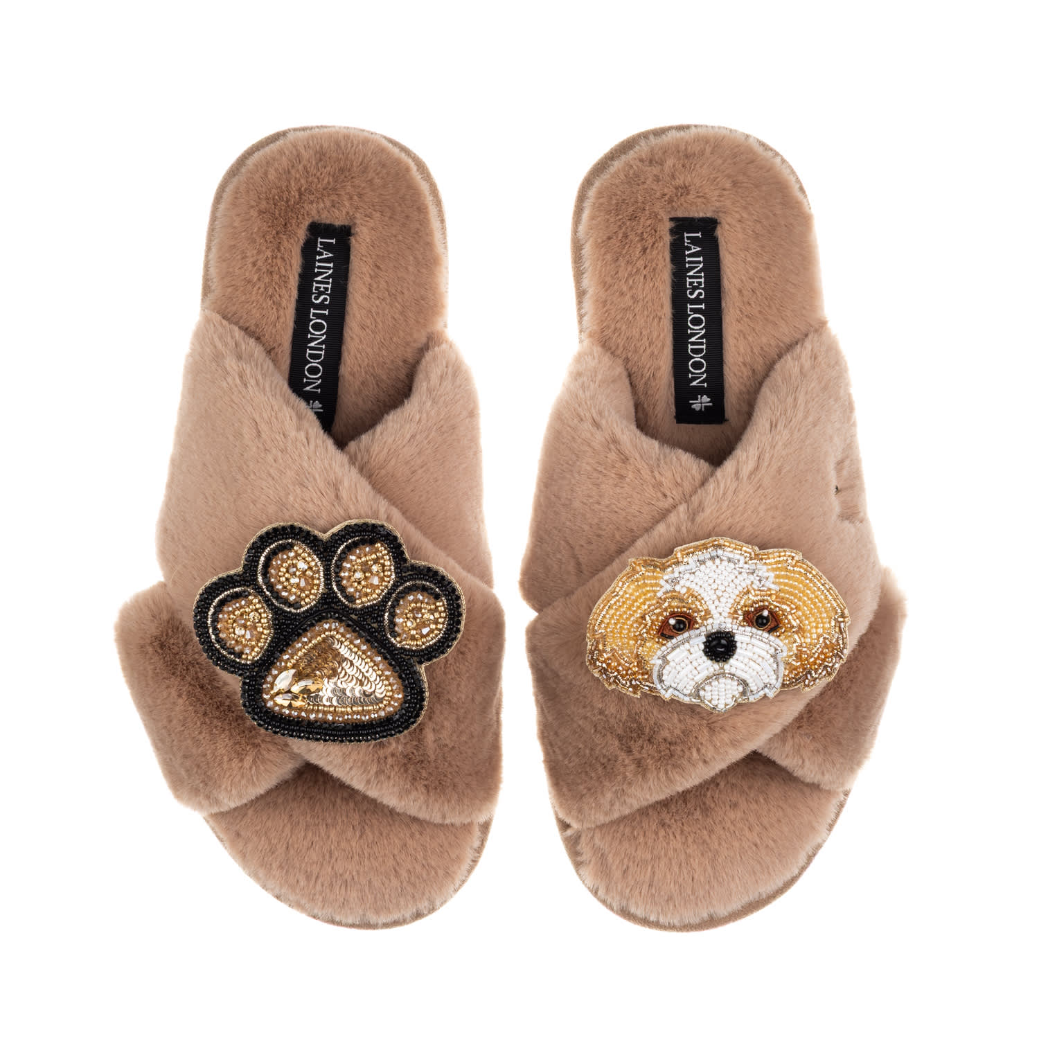 Laines London Women's Brown / Neutrals Classic Laines Slippers With Paw & Gold & White Shih Tzu Brooches - Toffee In Brown