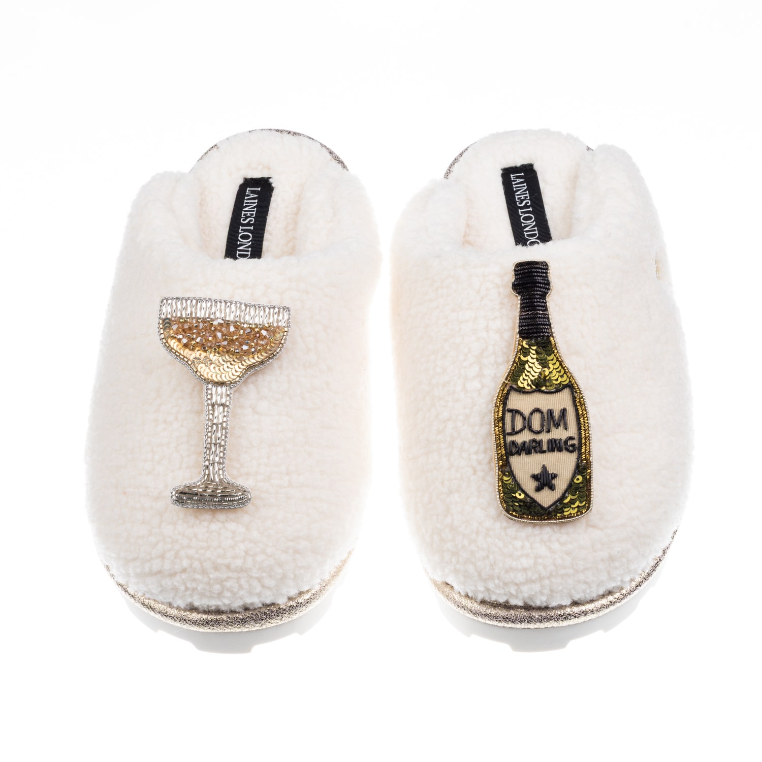Laines London Women's Neutrals / White Teddy Closed Toe Slippers With Dom Darling Champagne Brooches - Cream In White