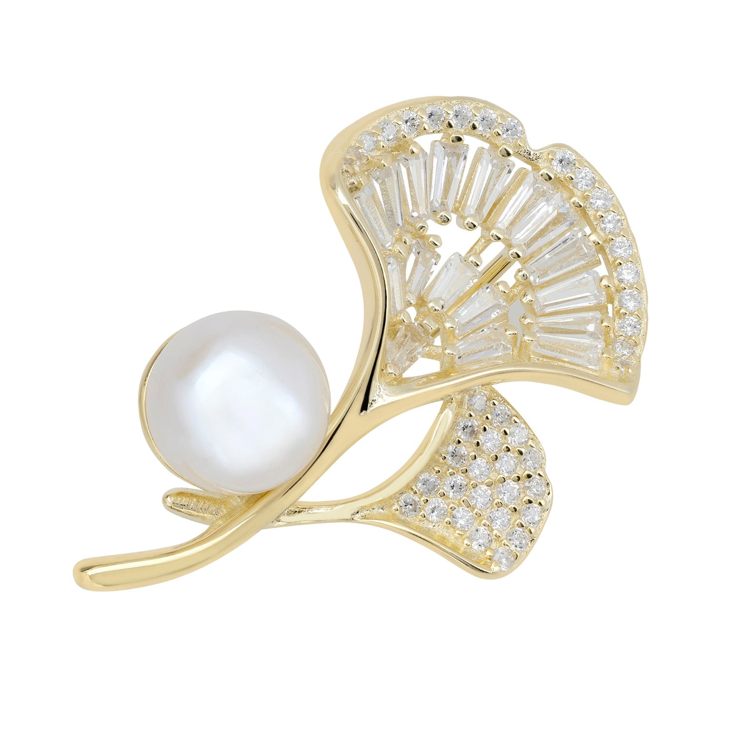 Latelita Women's White / Gold Ginkgo Leaf Baguette Pearl Pin Brooch Gold