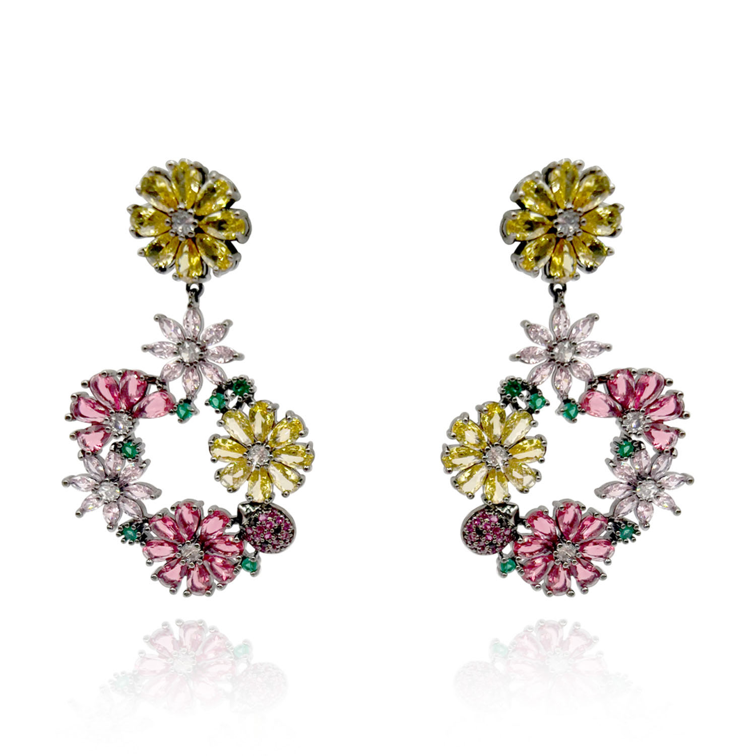 Women’s Black Rhodium Earrings With Multi Color Crystal Flowers Michael Nash Jewelry