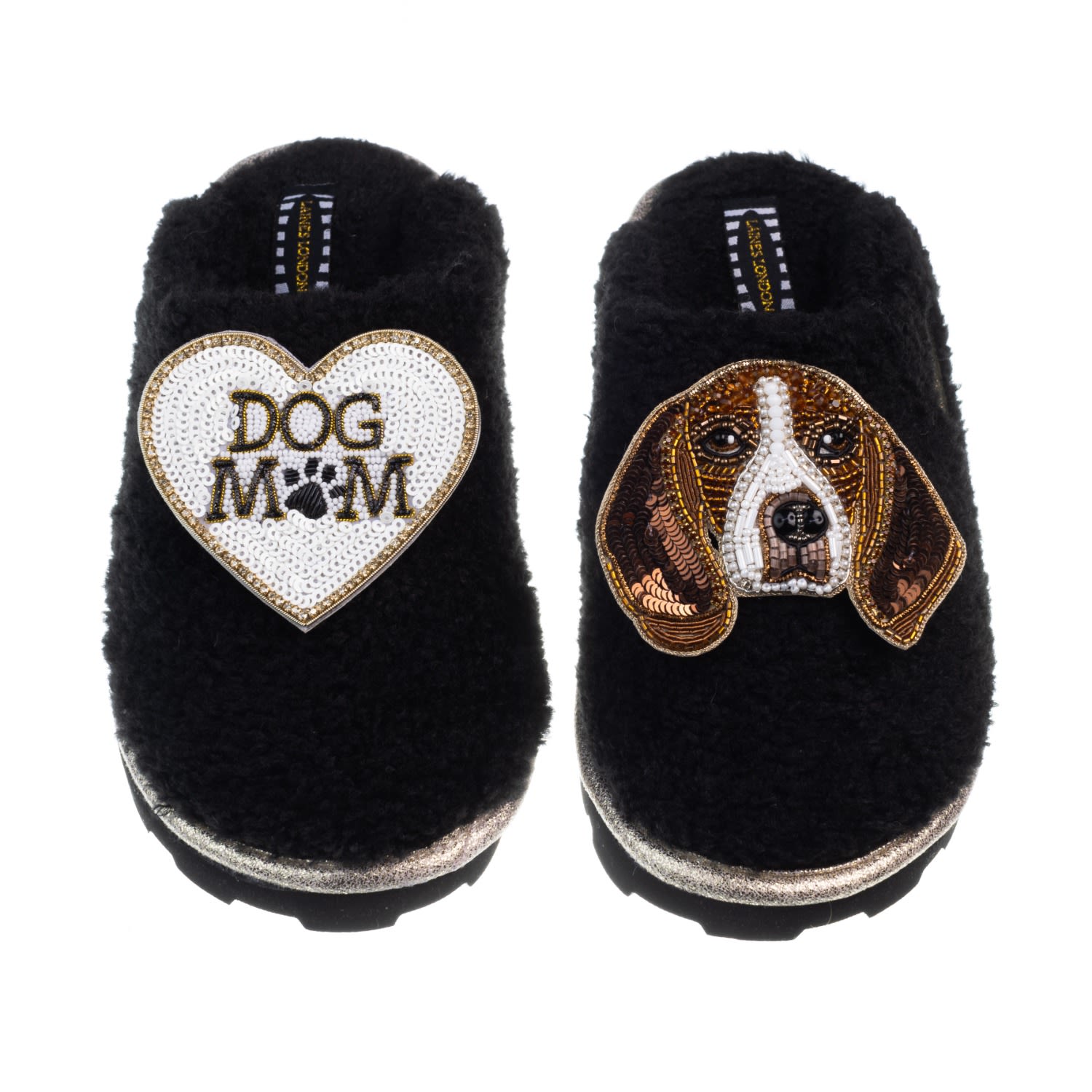 Women’s Teddy Closed Toe Slippers With Beagle & Dog Mum / Mom Brooches - Black Extra Large Laines London