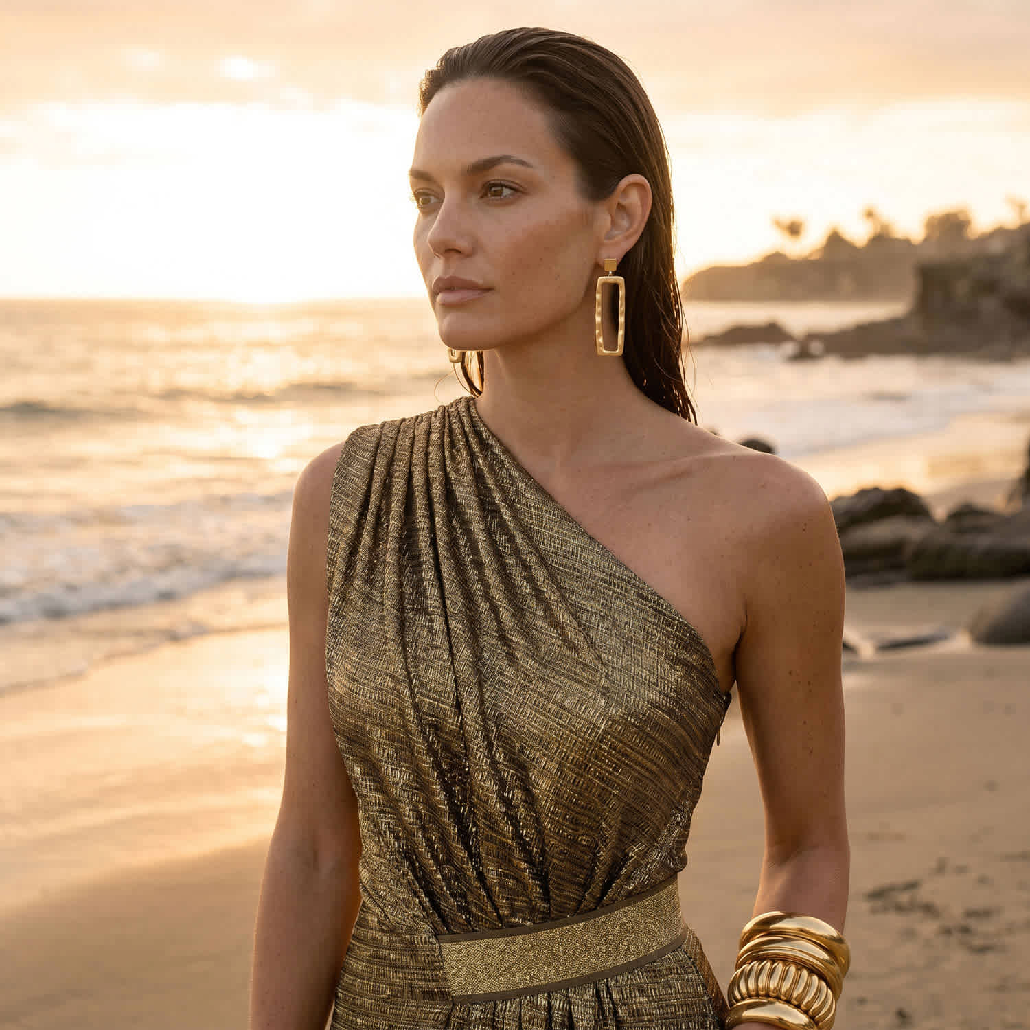 gold one shoulder cocktail dress Elegant Champagne Gold Sequin Evening Gown - Glitter One-Shoulder Dress