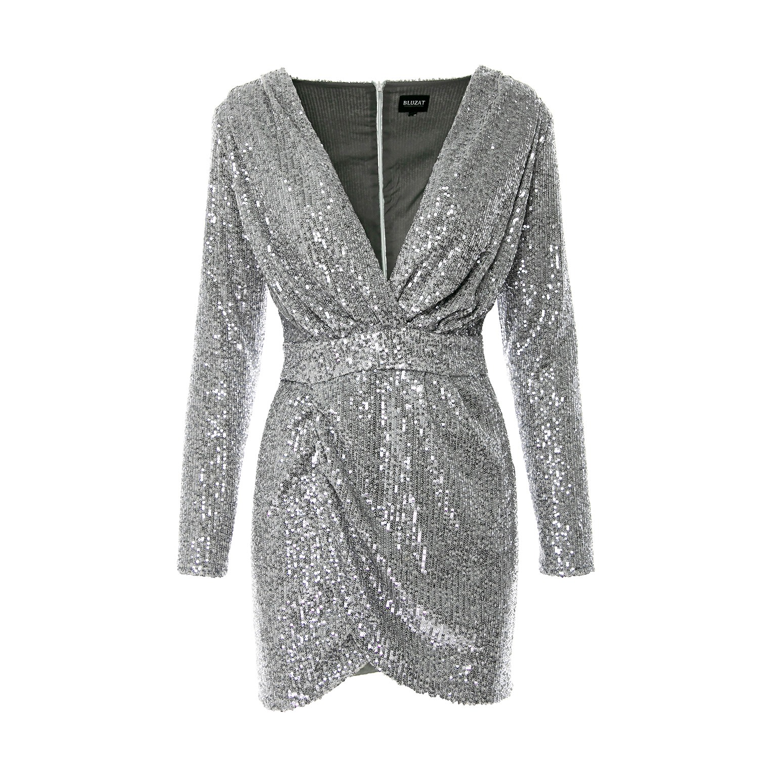 Bluzat Women's Silver Sequin Mini Dress With Draping In Metallic