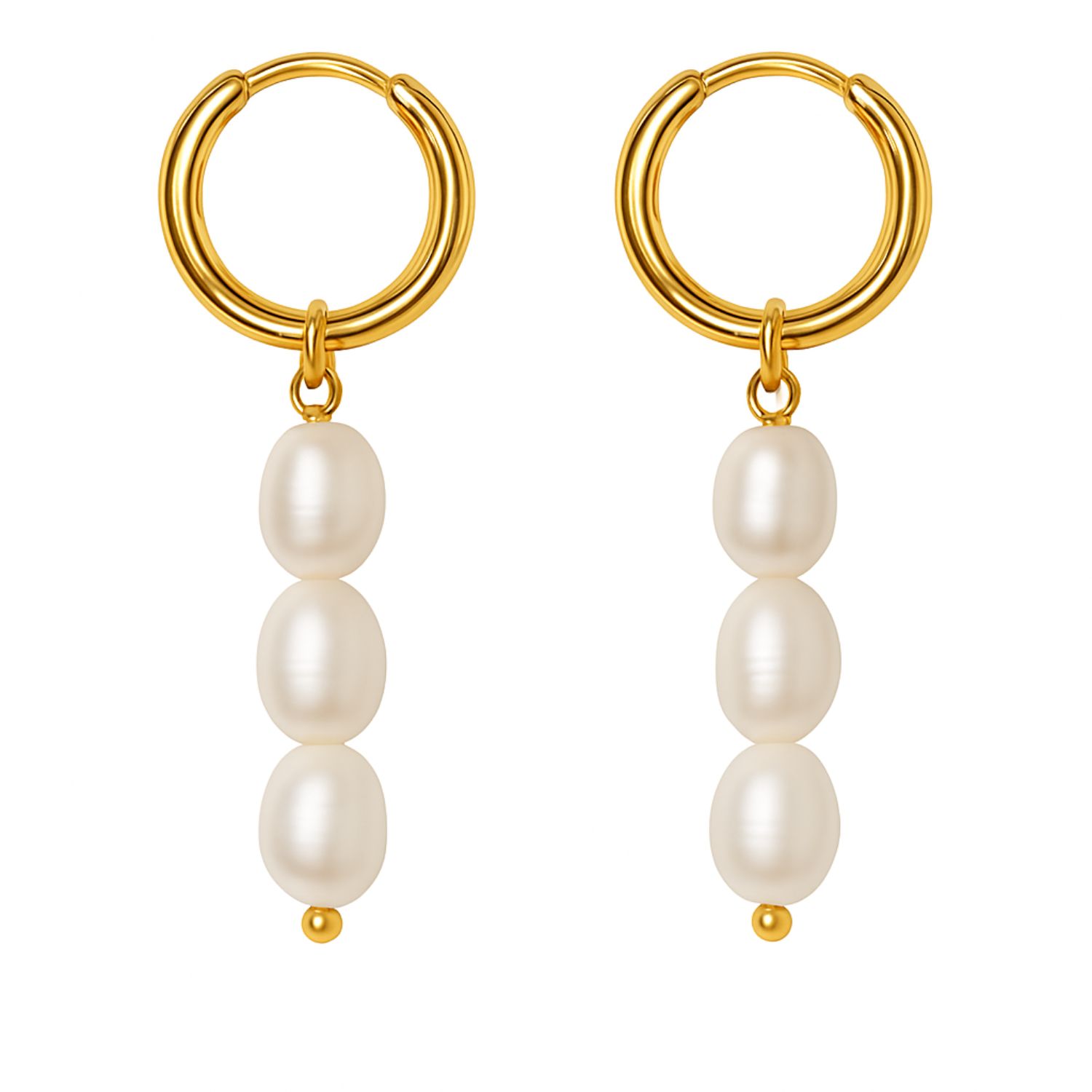 My Little Nature Women's Dangle Freshwater Pearls Earrings With Three Pearls And Gold Plated Hoops In Gold