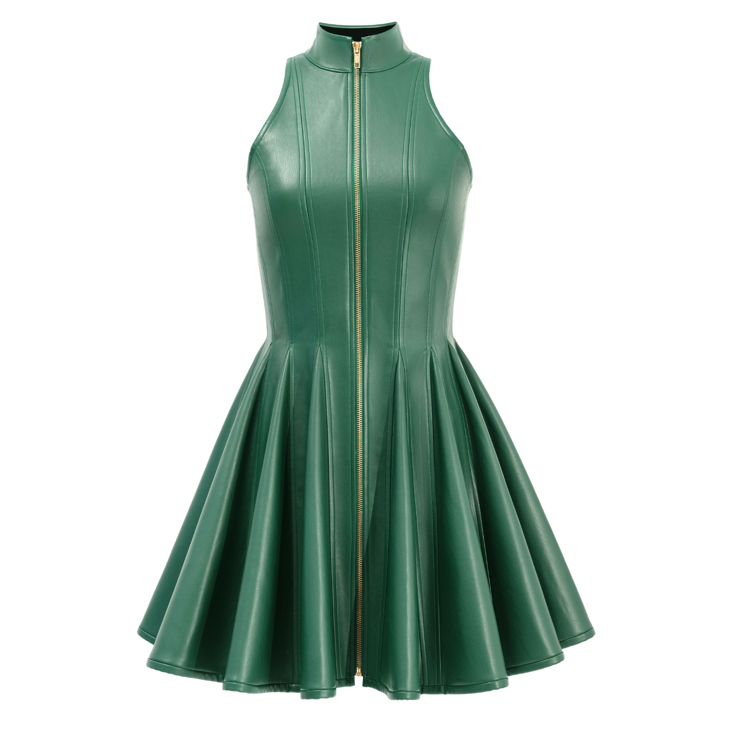 green leather mini dress Faux Leather Patchwork Asymmetrical Short Sleeve Mini Dress – Micas main image 0