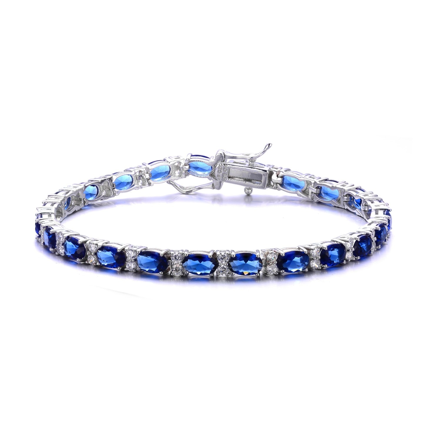 Genevive Jewelry Women's Sterling Silver White Gold Plated With Sapphire Blue Cubic Zirconia Tennis Bracelet In Blue