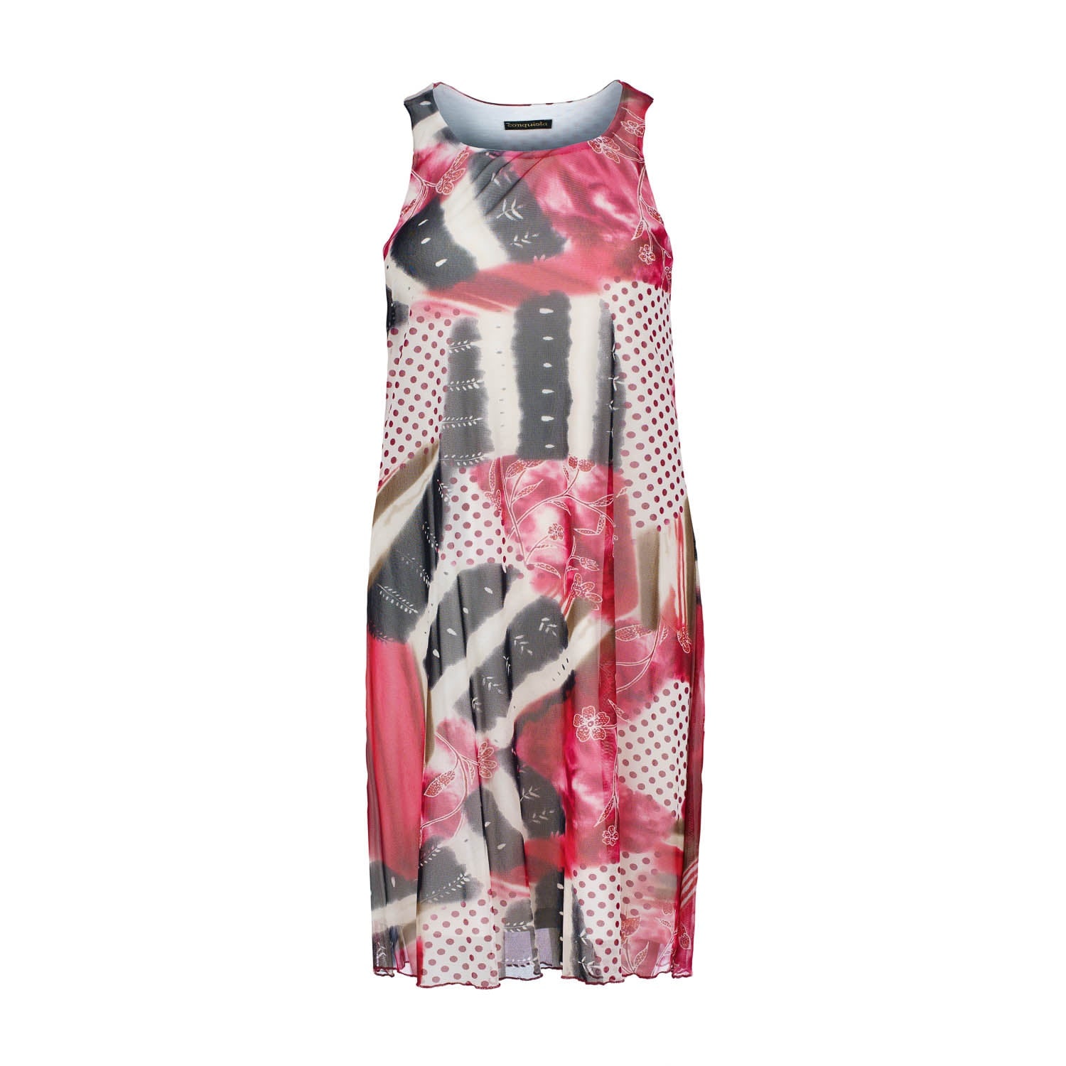 Conquista Women's Sleeveless Midi Dress – Abstract Red Print, Sheer Nylon Mesh, Fully Lined In Cotton In Red