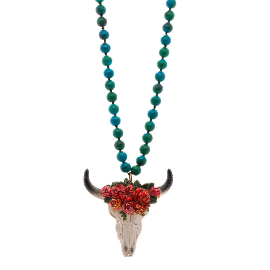 Women’s Green / Blue / Red Longhorn Bohemian Floral Beaded Necklace - Green Ebru Jewelry