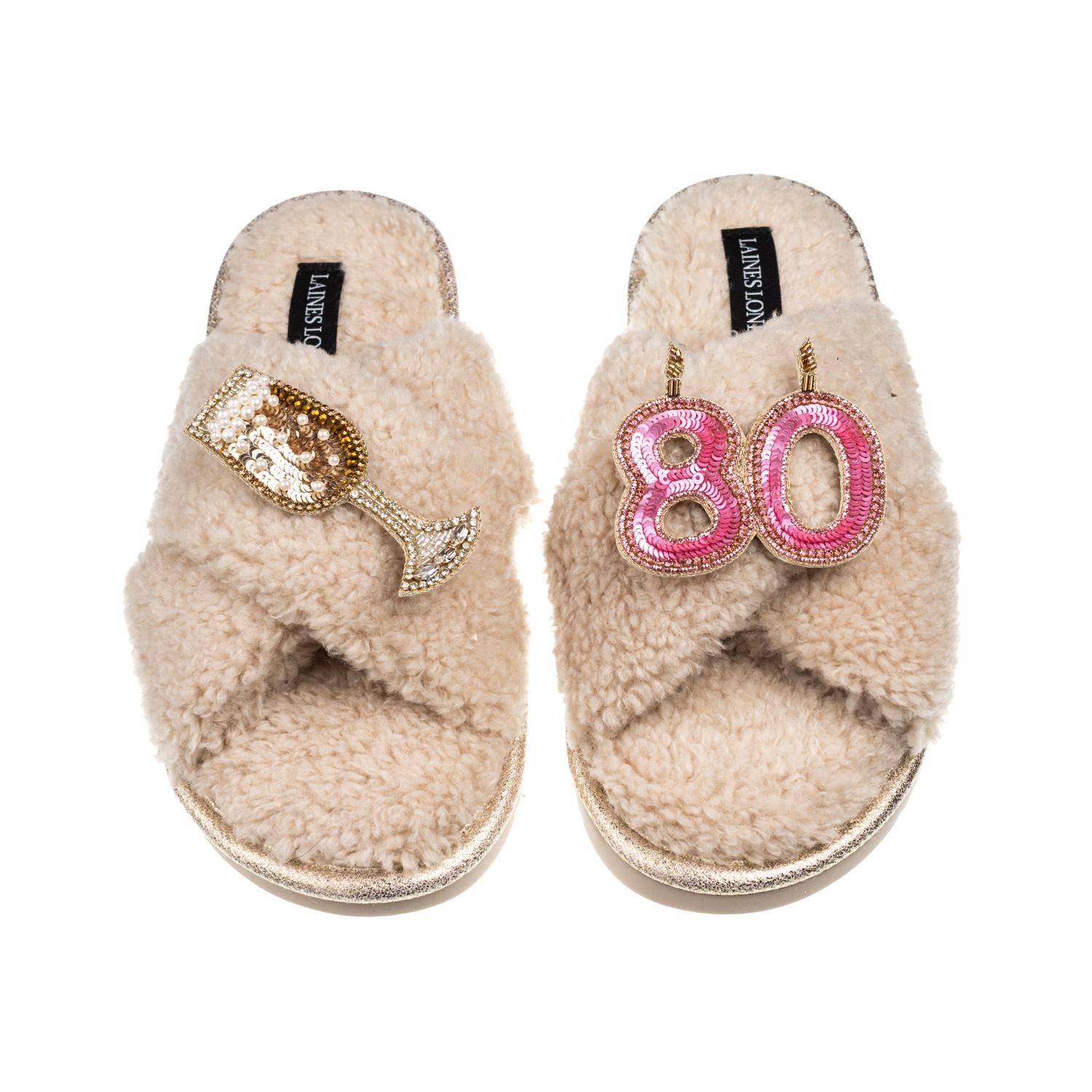 Laines London Women's Brown / Neutrals Laines Neutral Boucle Slippers With 80th Birthday & Champers Brooches - Oat