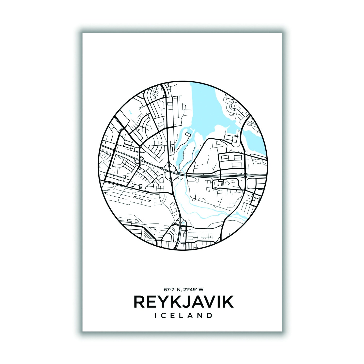 Blue Map Of Reykjavik A4 210 X 297Mm Stanley Print House