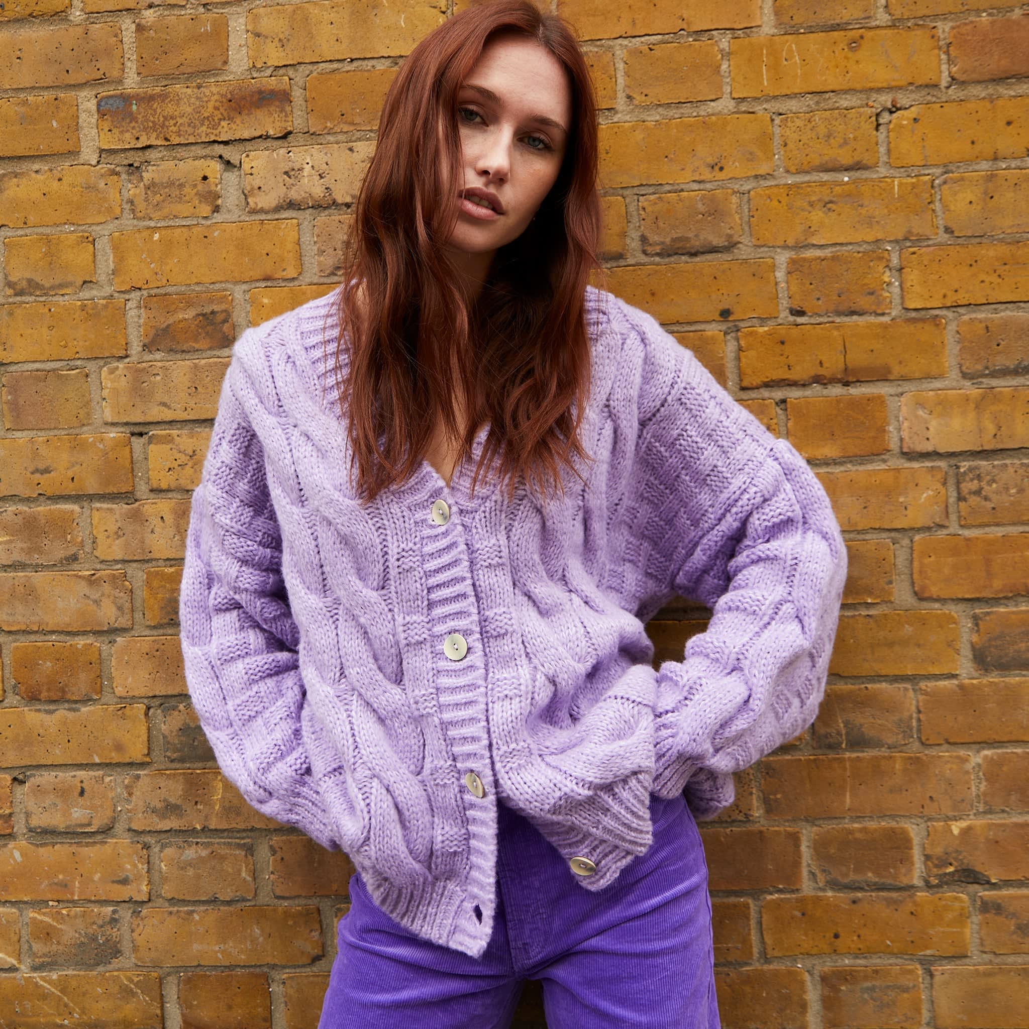 Gemma Basket Stitch Balloon Sleeve Cardigan - Lilac | Cara & The