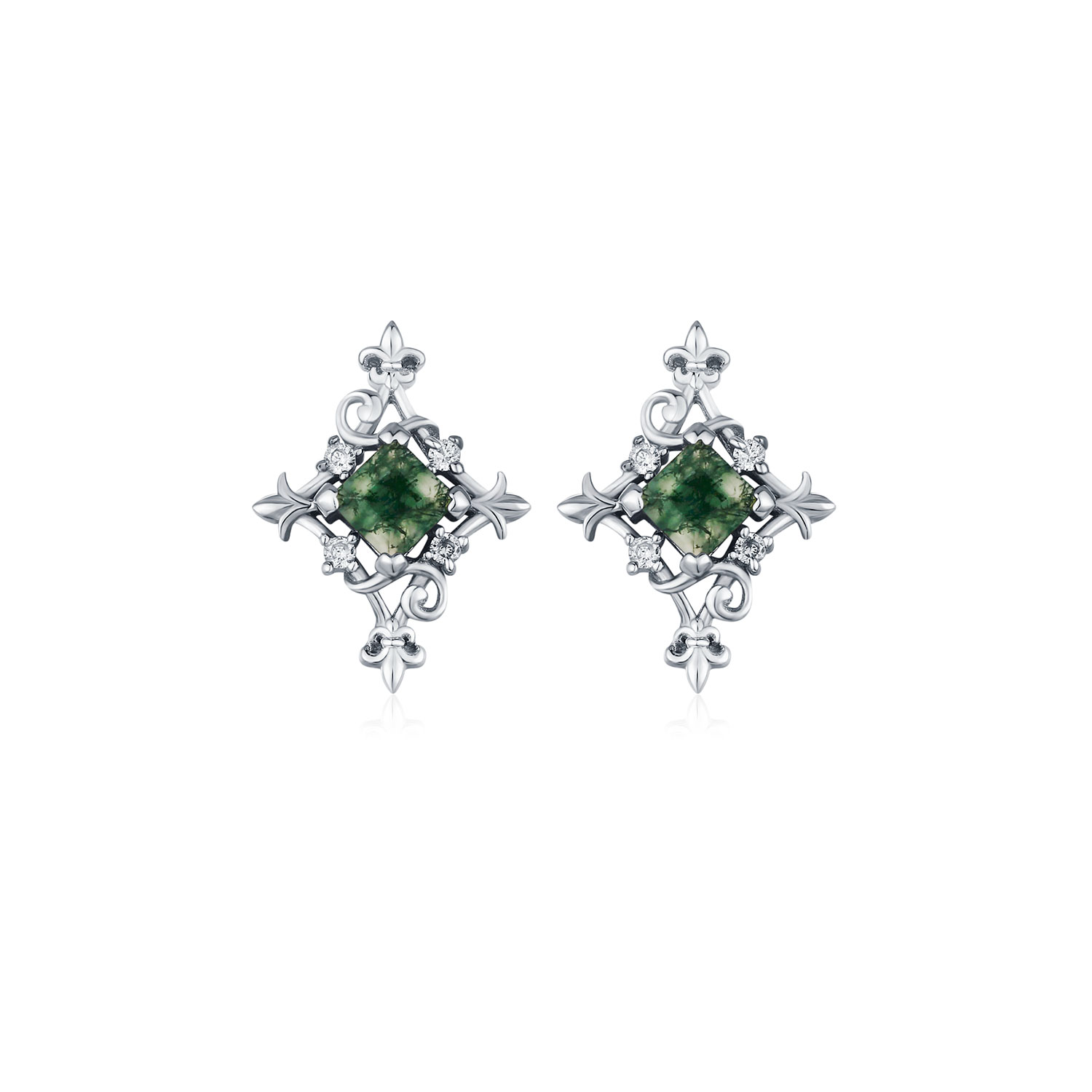 Azura Jewelry New York Women's Silver Vine Diamond Moss Agate Studs White Gold Vermeil