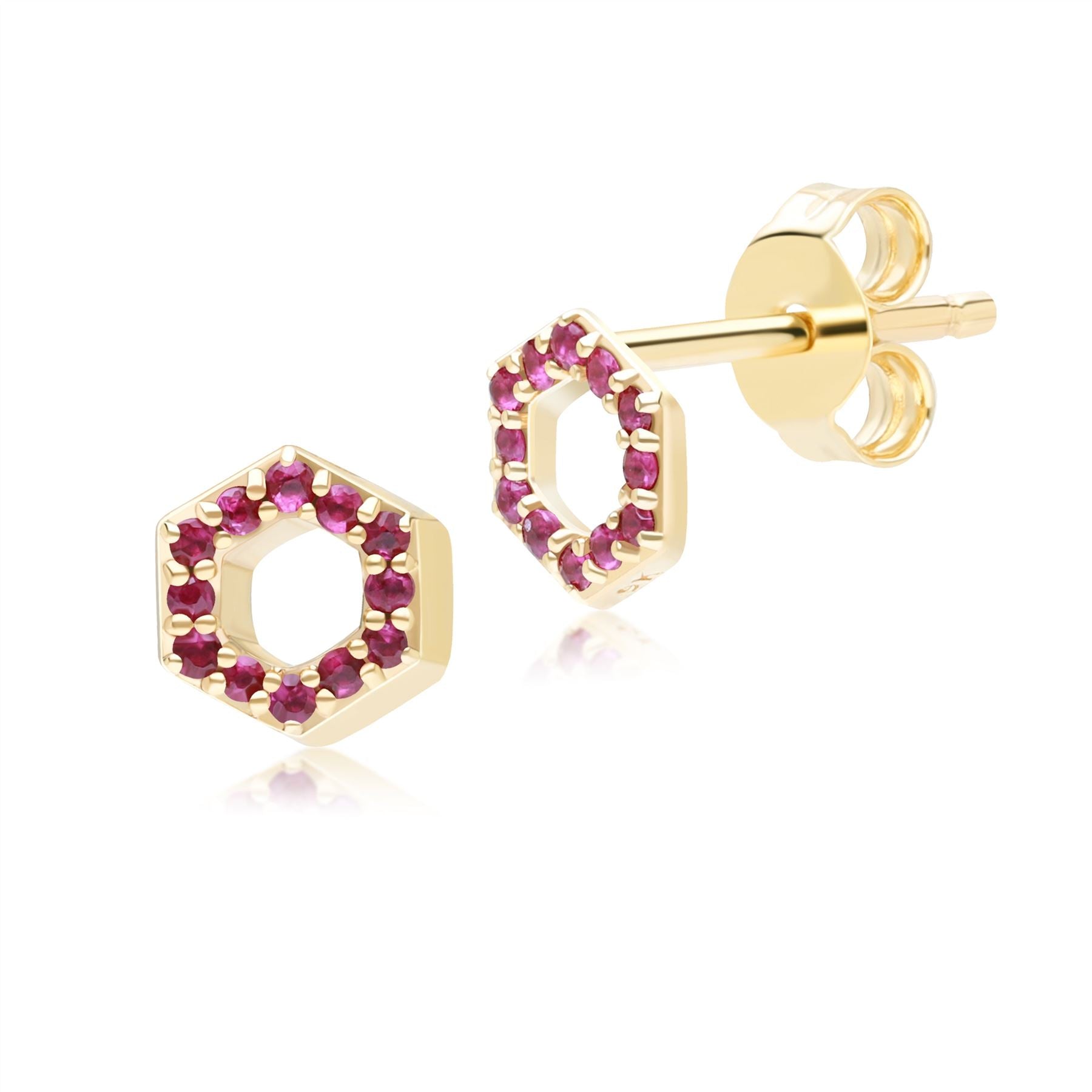 Women’s Gold / Red Geometric Hex Ruby Stud Earrings In Yellow Gold Gemondo