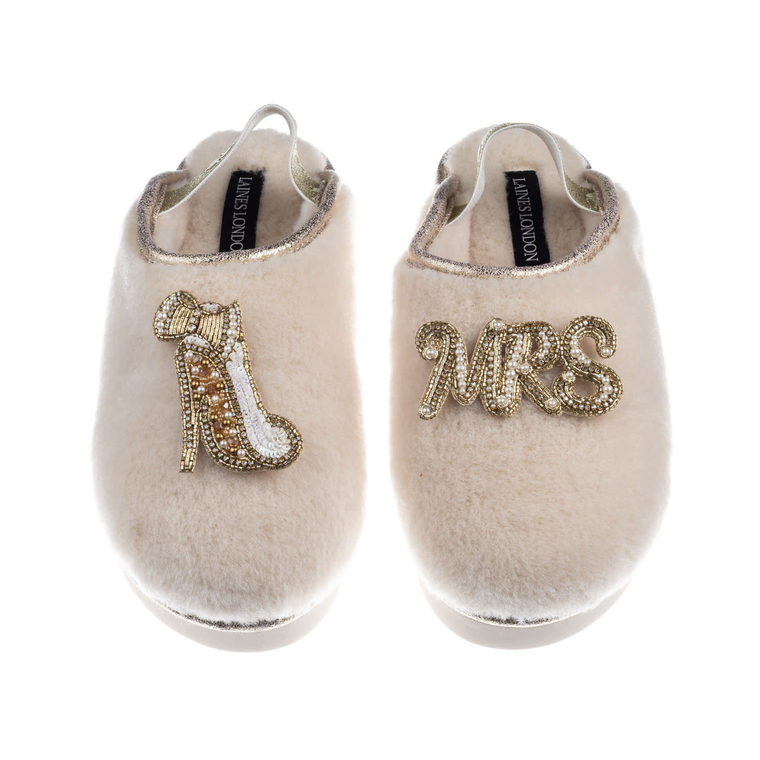 Laines London Women's Gold / Neutrals / White Flatform Cloud Slippers With Wedding Heel & Mrs Brooches - Cream In Multi