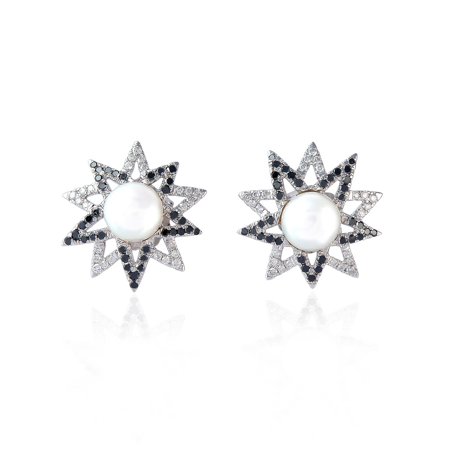 Women’s Natural Pearl Diamond Star Design Stud Earrings White Gold Jewelry Artisan