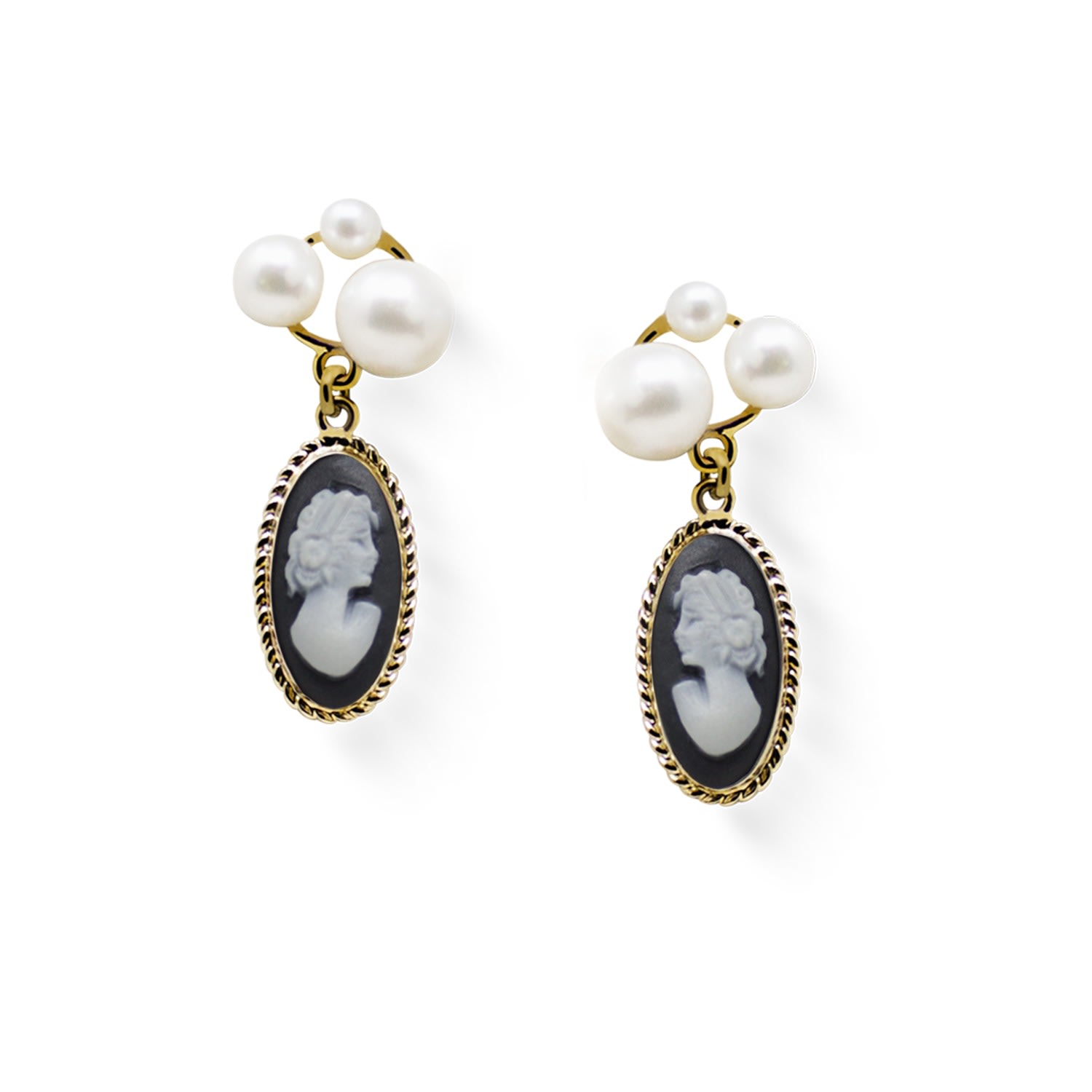 Vintouch Italy Women's Gold / Black Lilith Gold-plated Black Cameo And Pearl Stud Earrings In Multi