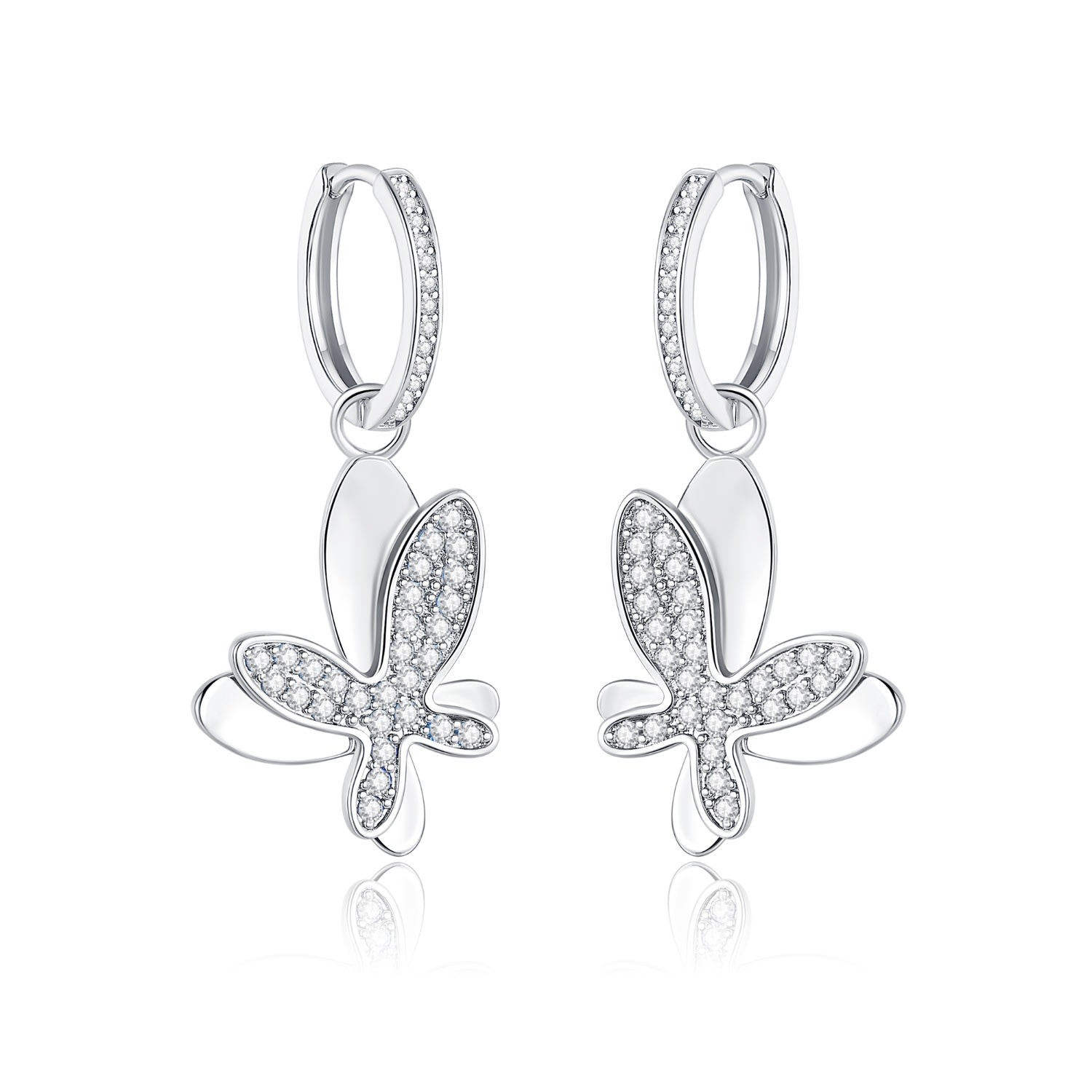 Classicharms Women's Silver Pavé Diamond Butterfly Dangle Drop Hoop Earrings In Silver