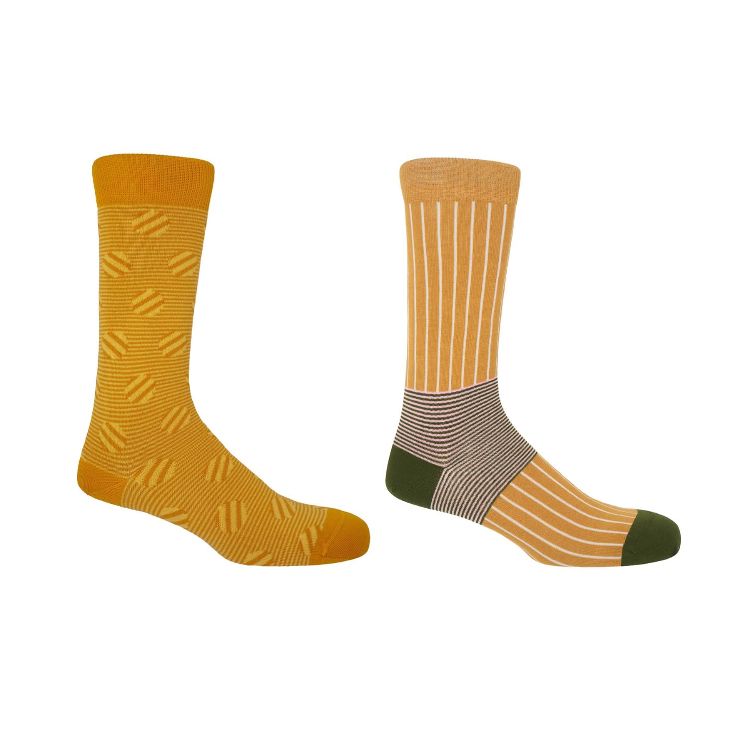 Butterscotch Polka Stripe & Mustard Oxford Stripe Men’s Socks 2 Pack One Size Peper Harow - Made in England