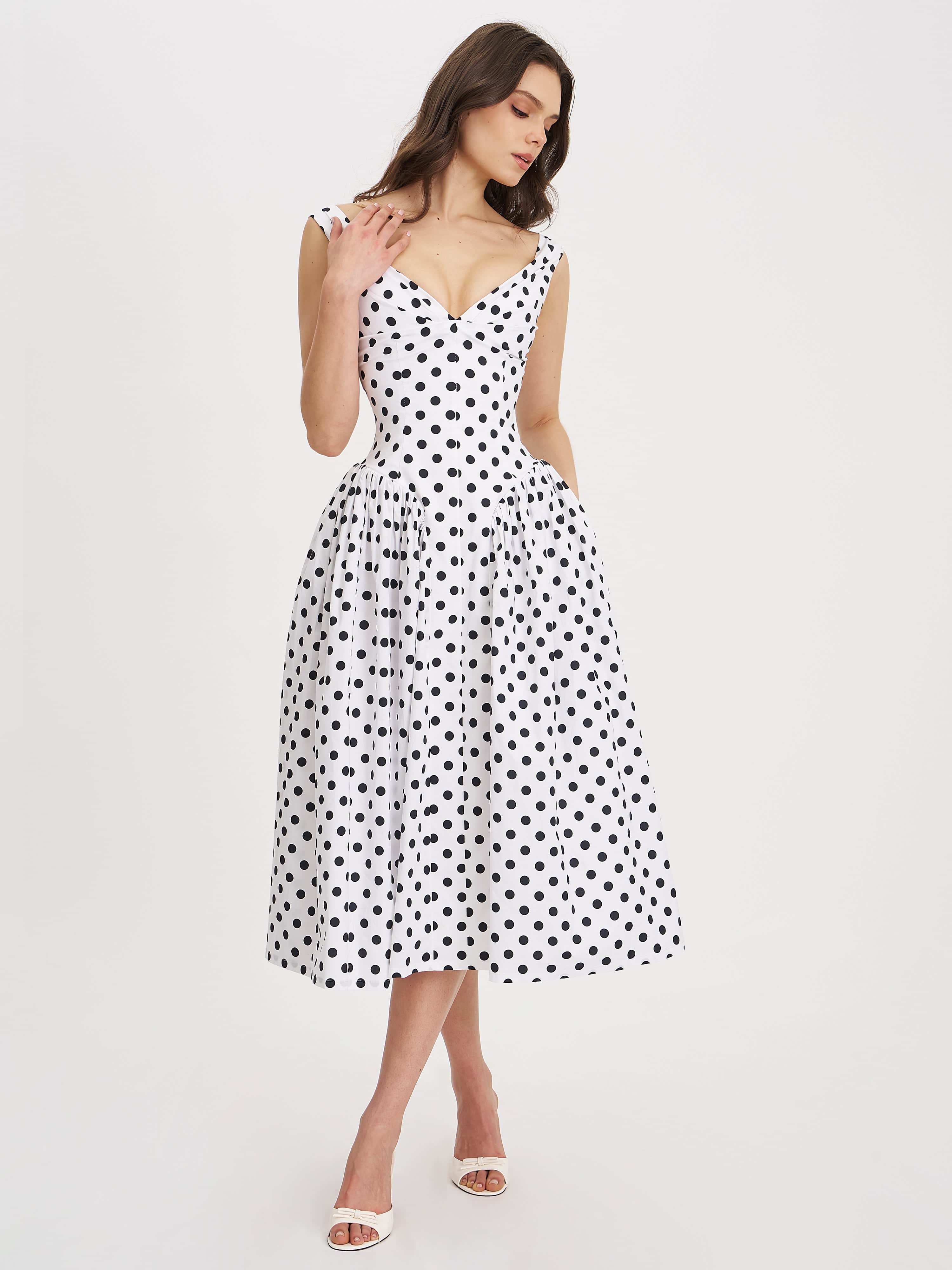 Rahma Polka Dot Drop Waist Midi Cotton Poplin Dress | Miss