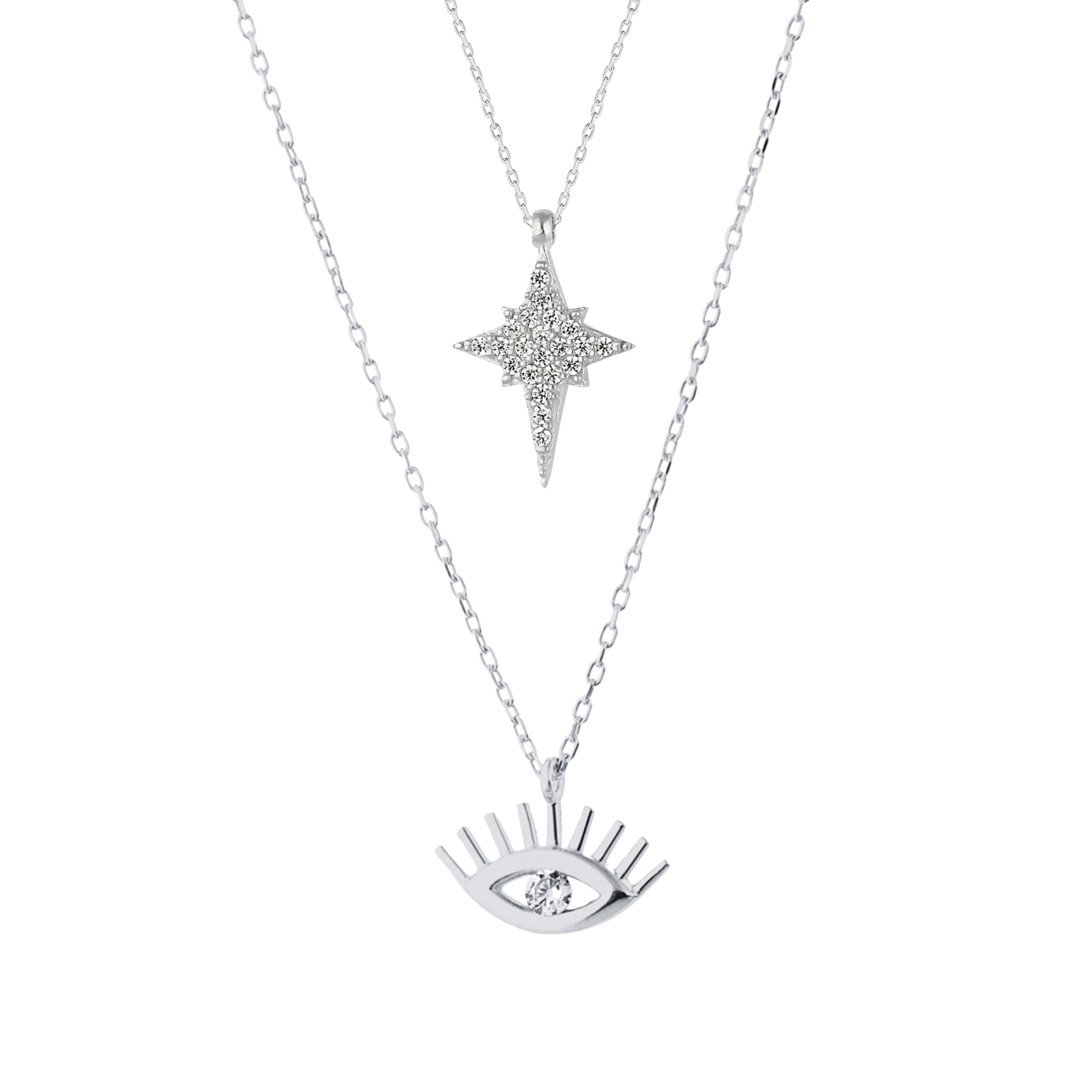 Spero London Women's White Eye Evil Eye & Northern Star Starburst Sterling Silver Necklace Layering Set - Silver In Silver