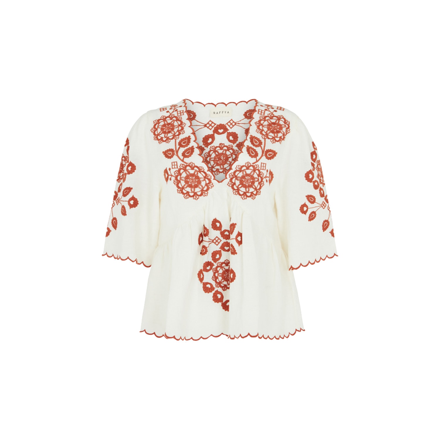 Raffya Women's Aubrey White & Brown Linen Blended Embroidered Blouse In Brown
