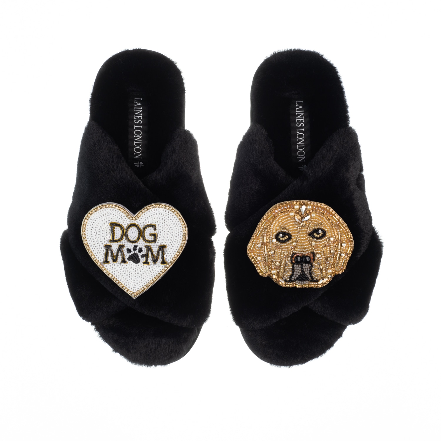 Women’s Classic Laines Slippers With Skip The Golden Lab & Dog Mum / Mom Brooches - Black Medium Laines London