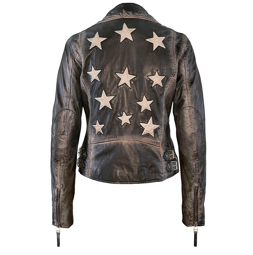 Women’s Christy Rf Star Detail Leather Jacket, Vintage Black Extra Large Mauritius