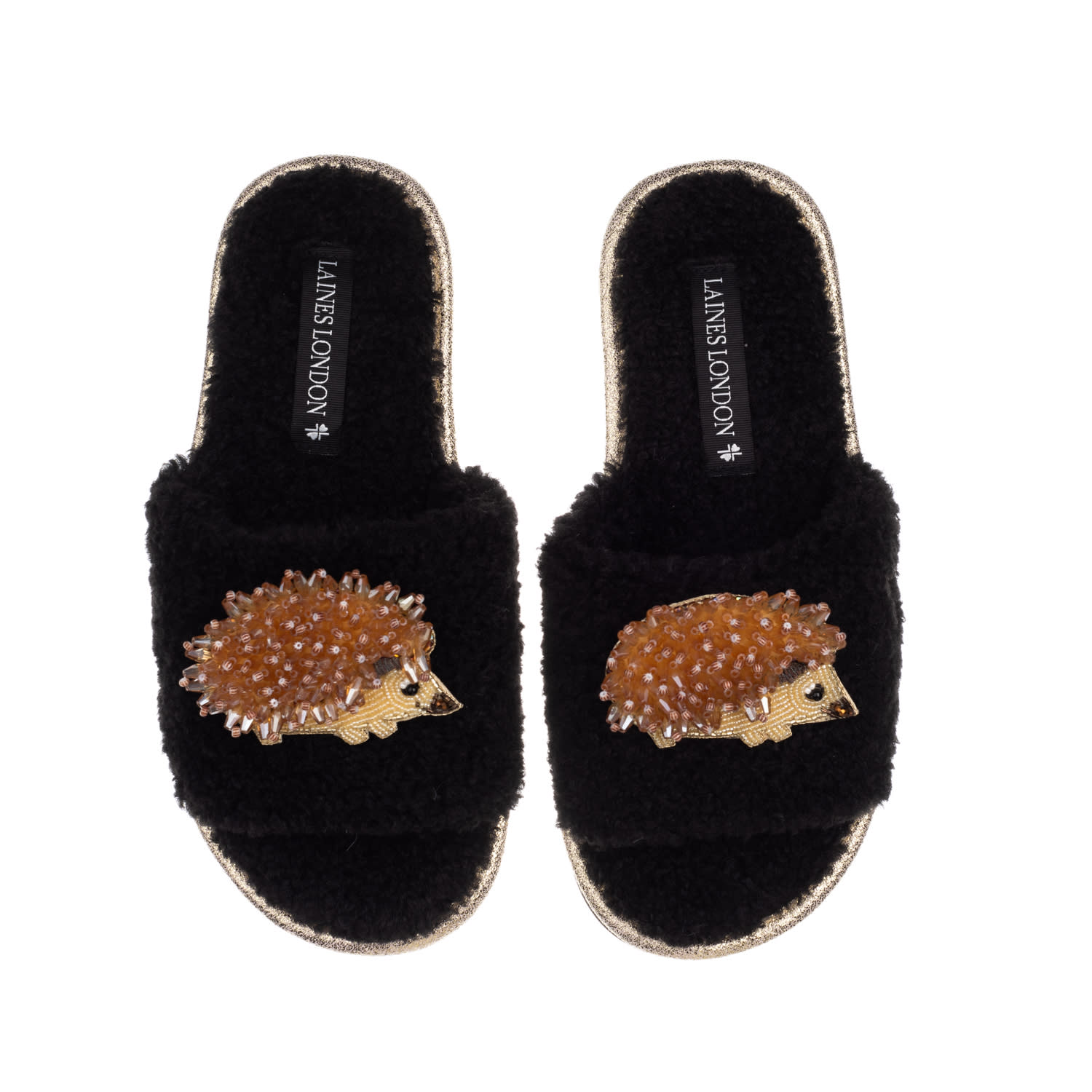 Laines London Women's Teddy Toweling Slipper Sliders With Double Hedgehog Brooches - Black In Black
