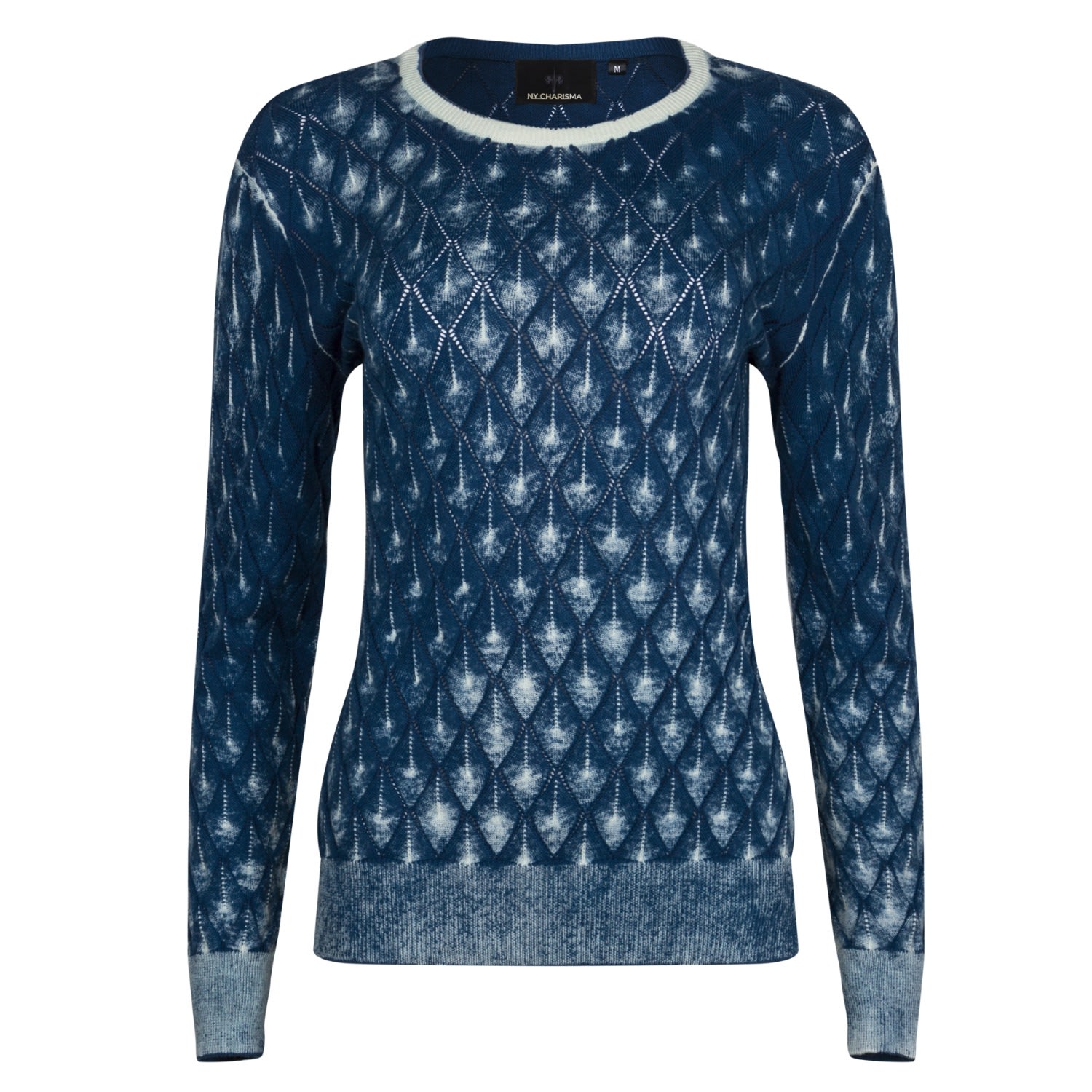 Women’s Blue Cotton Hand Print Diamond Pattern Pullover Large Ny Charisma