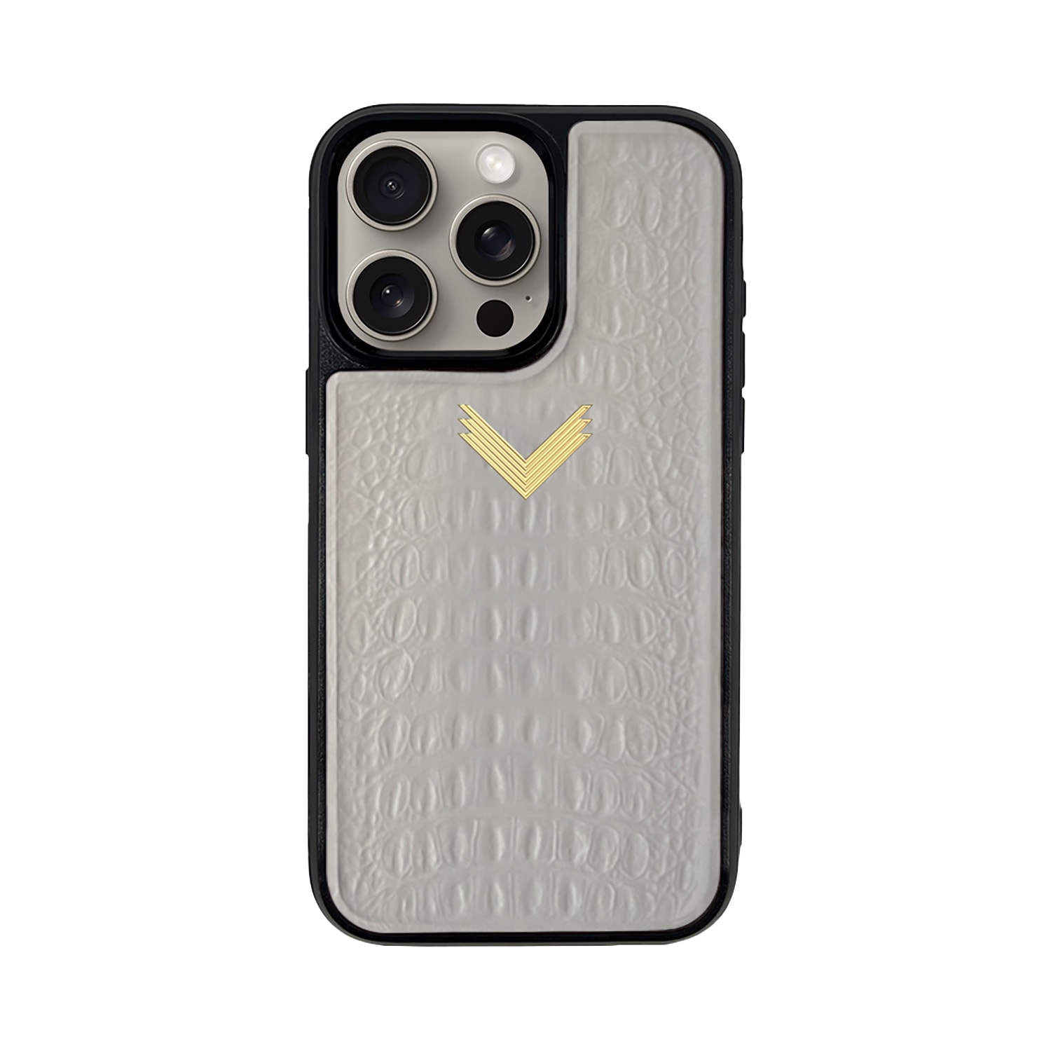 Neutrals Calf Leather Phone Case, Alligator Texture, Gold - Pearl White Iphone 15 Velante